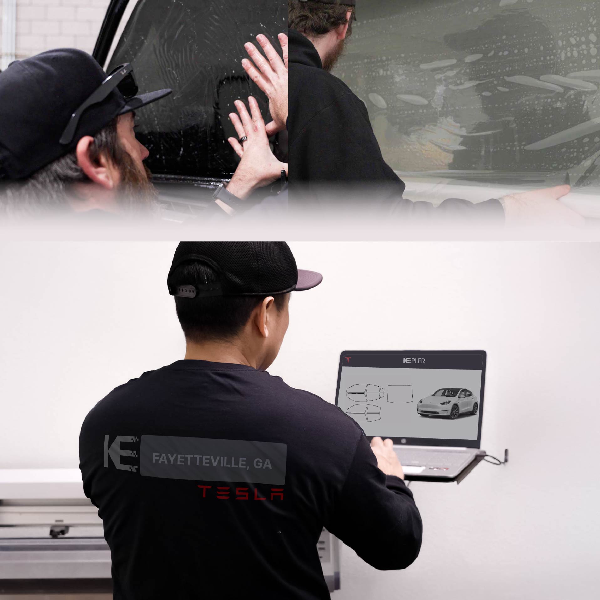 Kepler Technician Installing High-tech Window Tint to Tesla in Fayetteville