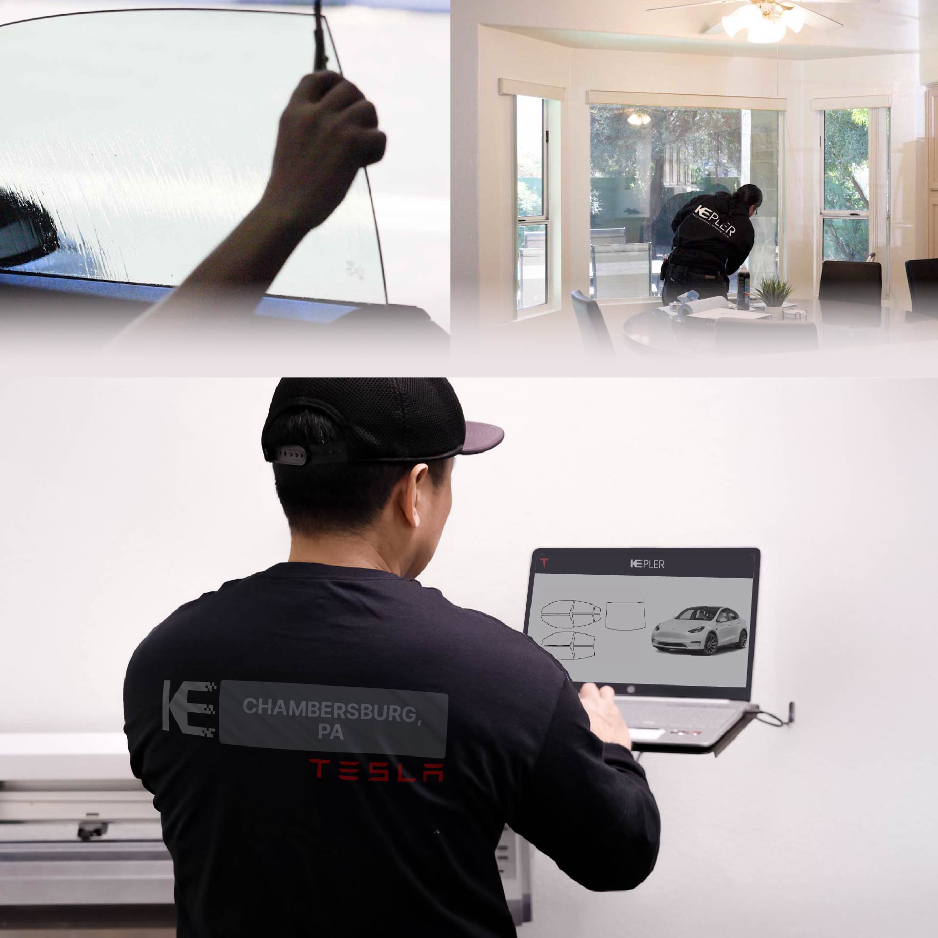 Expert Technician Fitting High-tech Window Tint to Tesla in Chambersburg