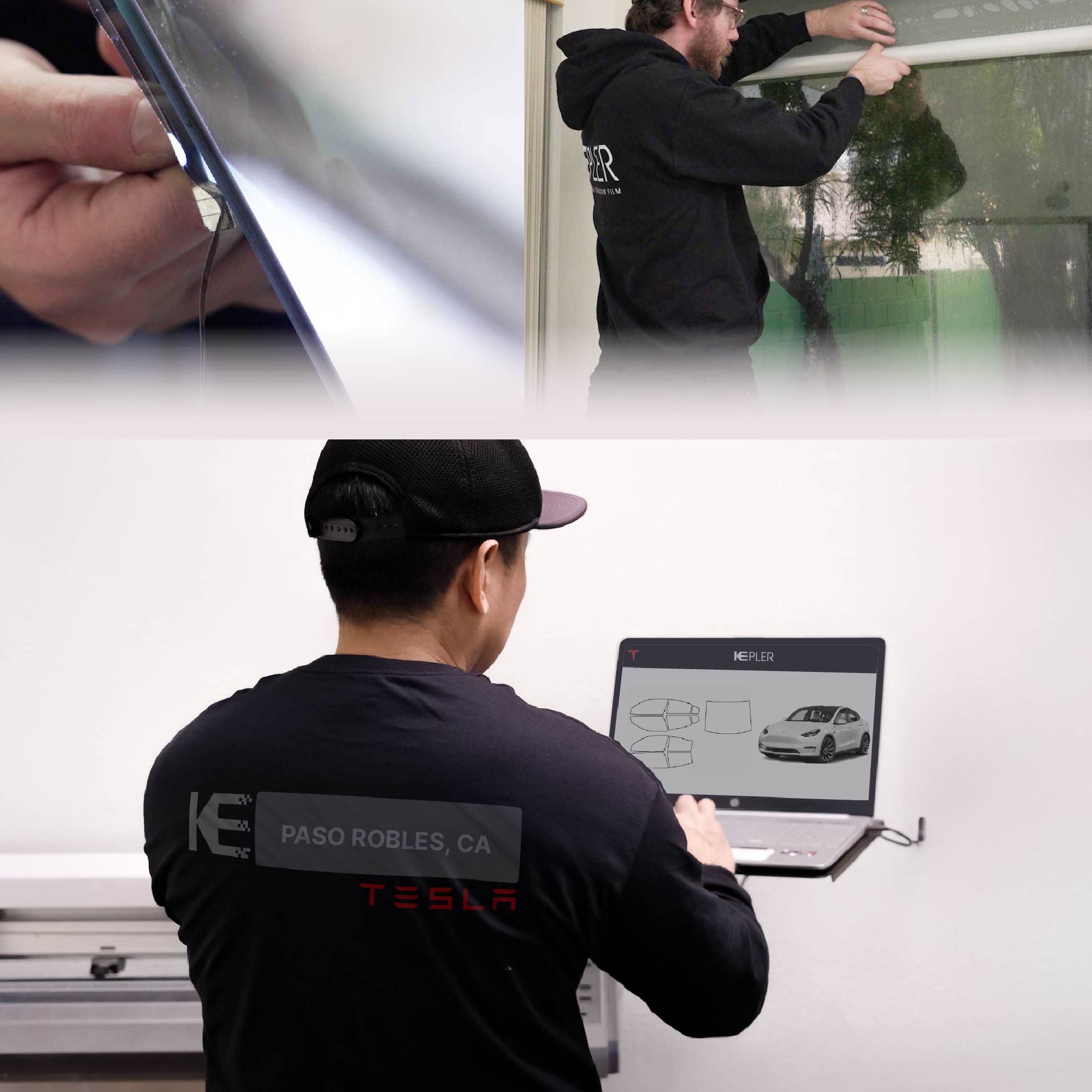 Kepler Technician Fitting Advanced Window Tint to Tesla in Paso Robles