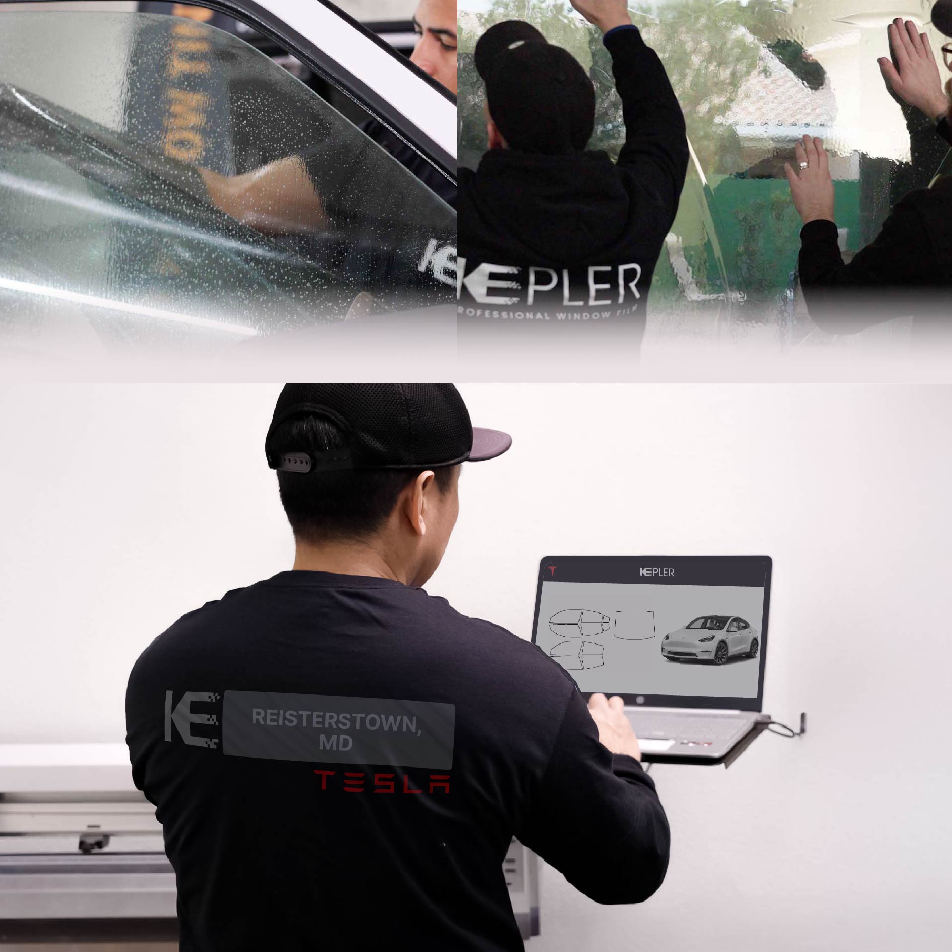Kepler Technician Fitting Ceramic Window Tint to Tesla in Reisterstown