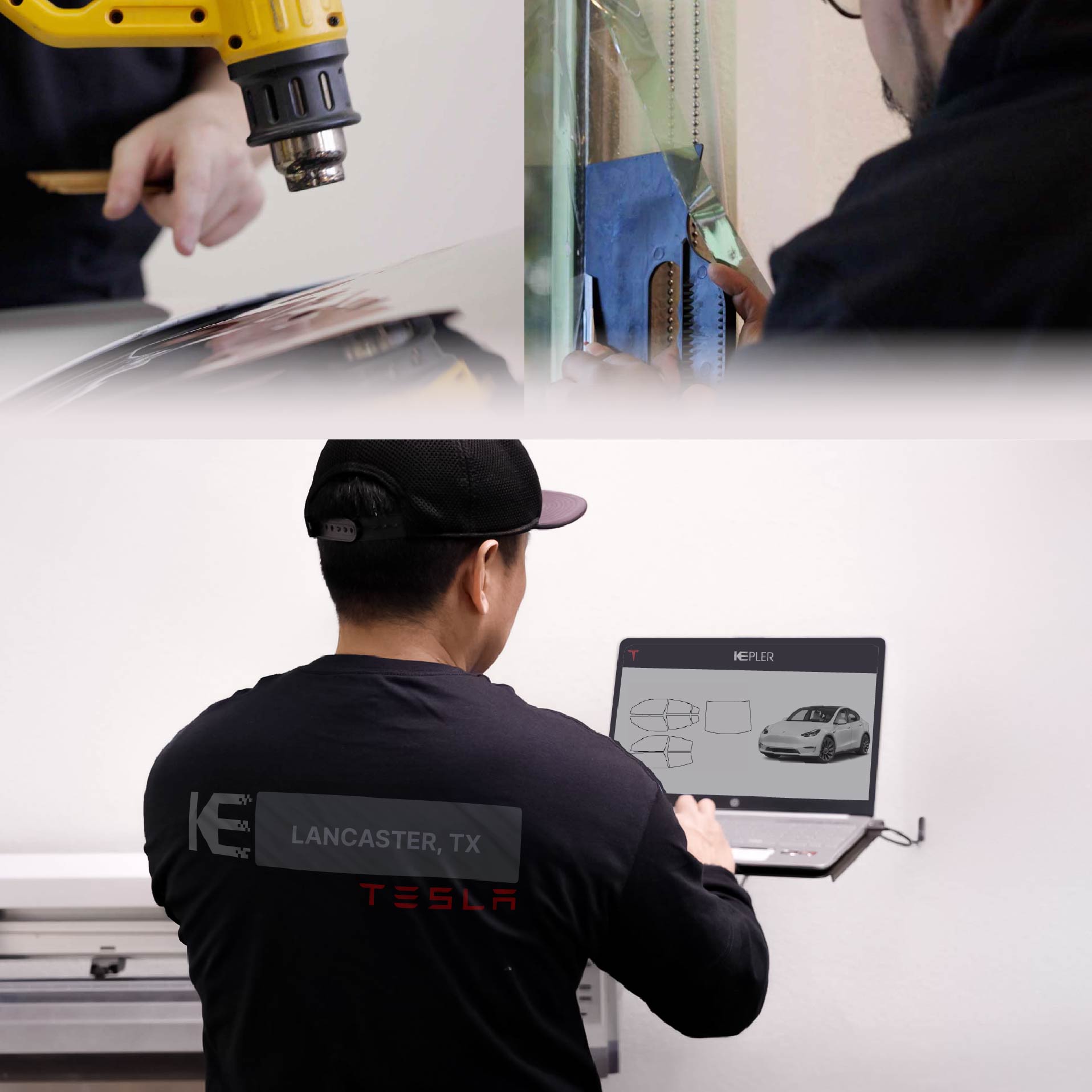 Expert Technician Installing High-tech Window Tint to Tesla in Lancaster