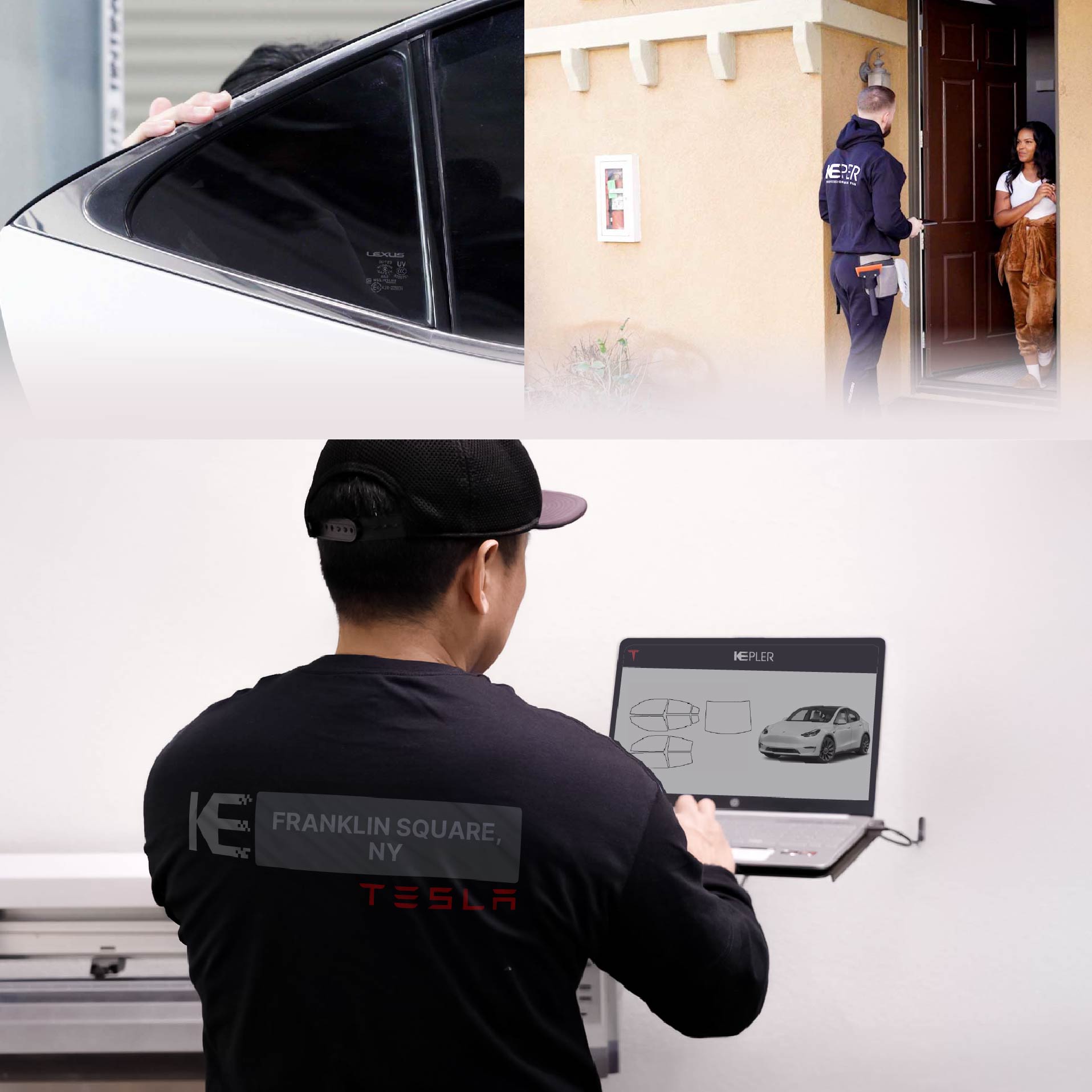 Kepler Technician Fitting Advanced Window Tint to Tesla in Franklin Square