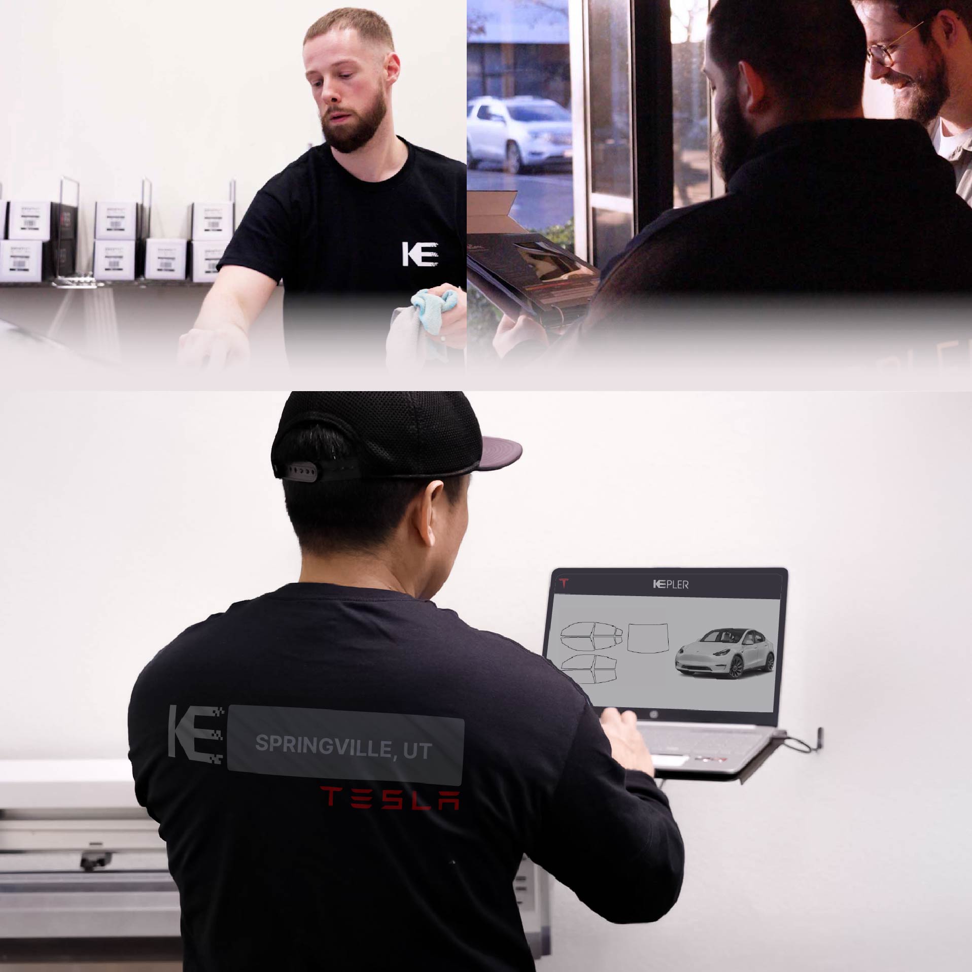 Kepler Technician Applying Advanced Window Tint to Tesla in Springville