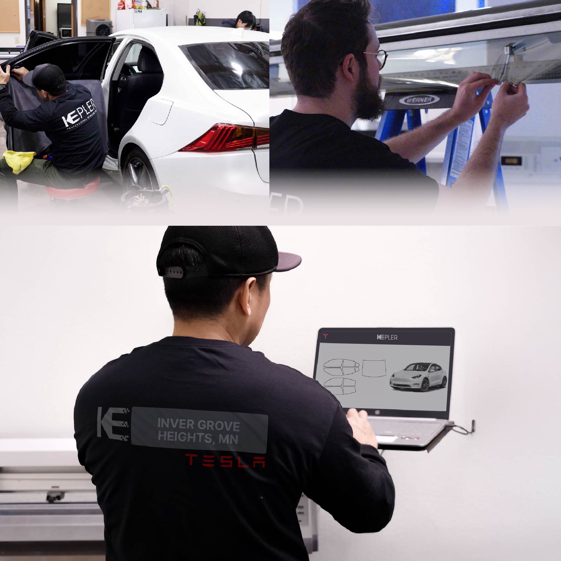 Expert Technician Fitting High-tech Window Tint to Tesla in Inver Grove Heights