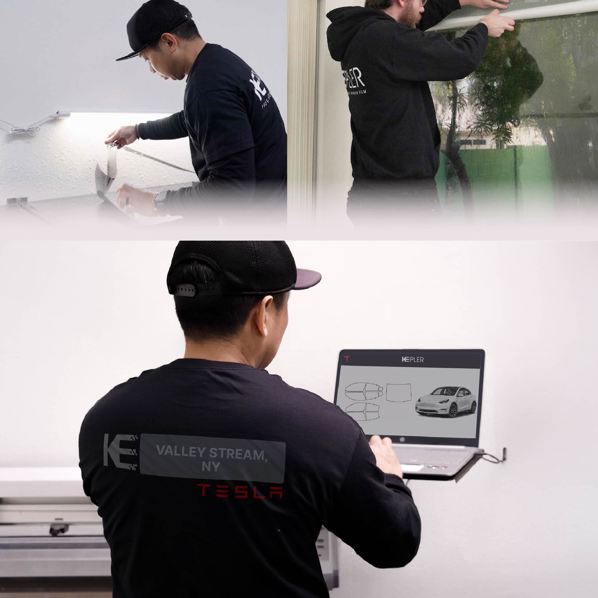 Kepler Technician Applying Advanced Window Tint to Tesla in Valley Stream
