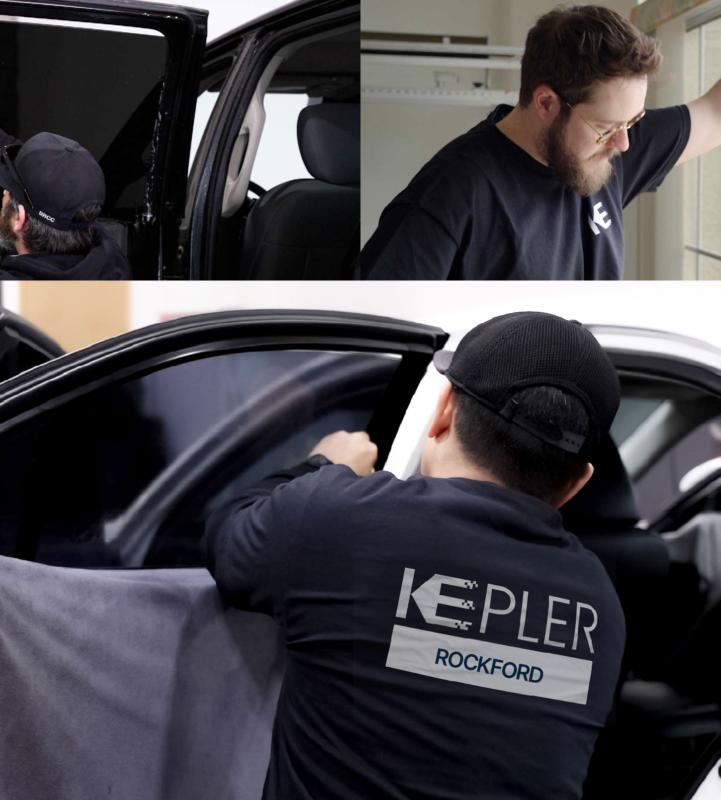 Automotive Window Tinting Expert Applying Film in Rockford, Illinois