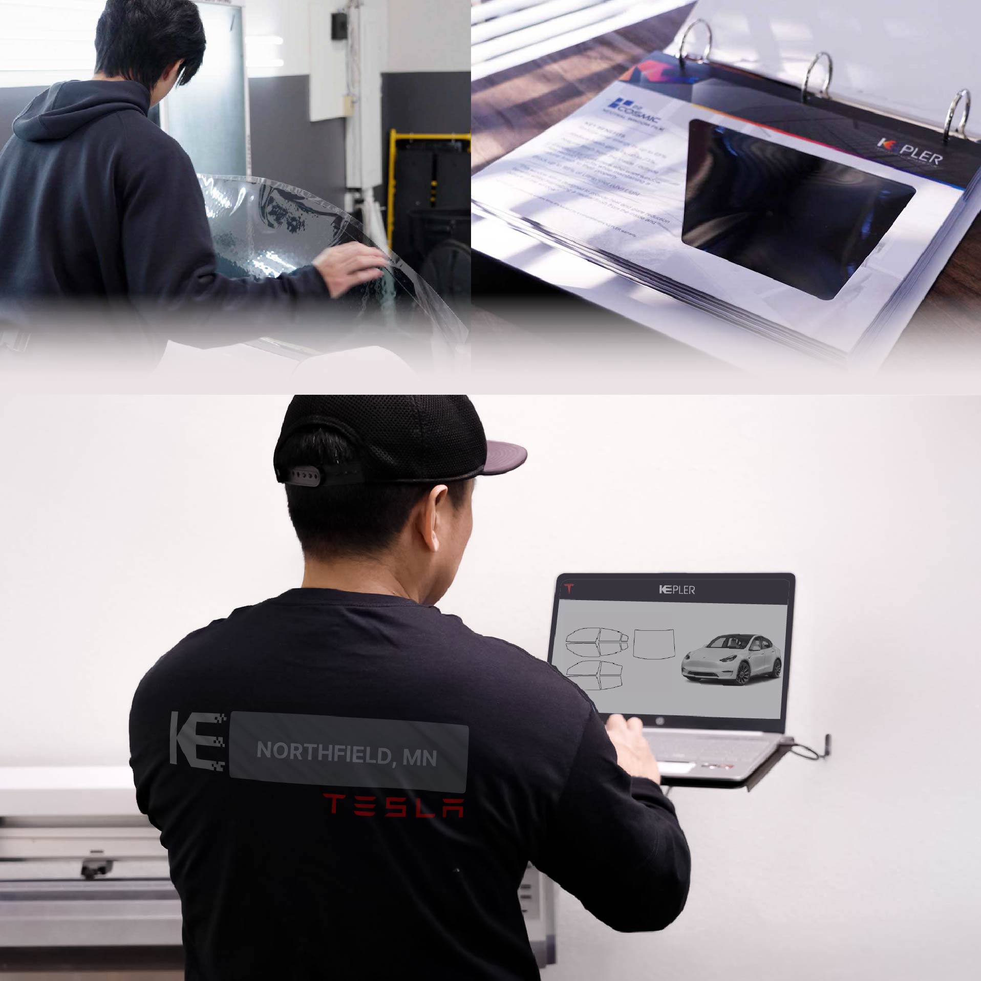 Expert Technician Installing Advanced Window Tint to Tesla in Northfield