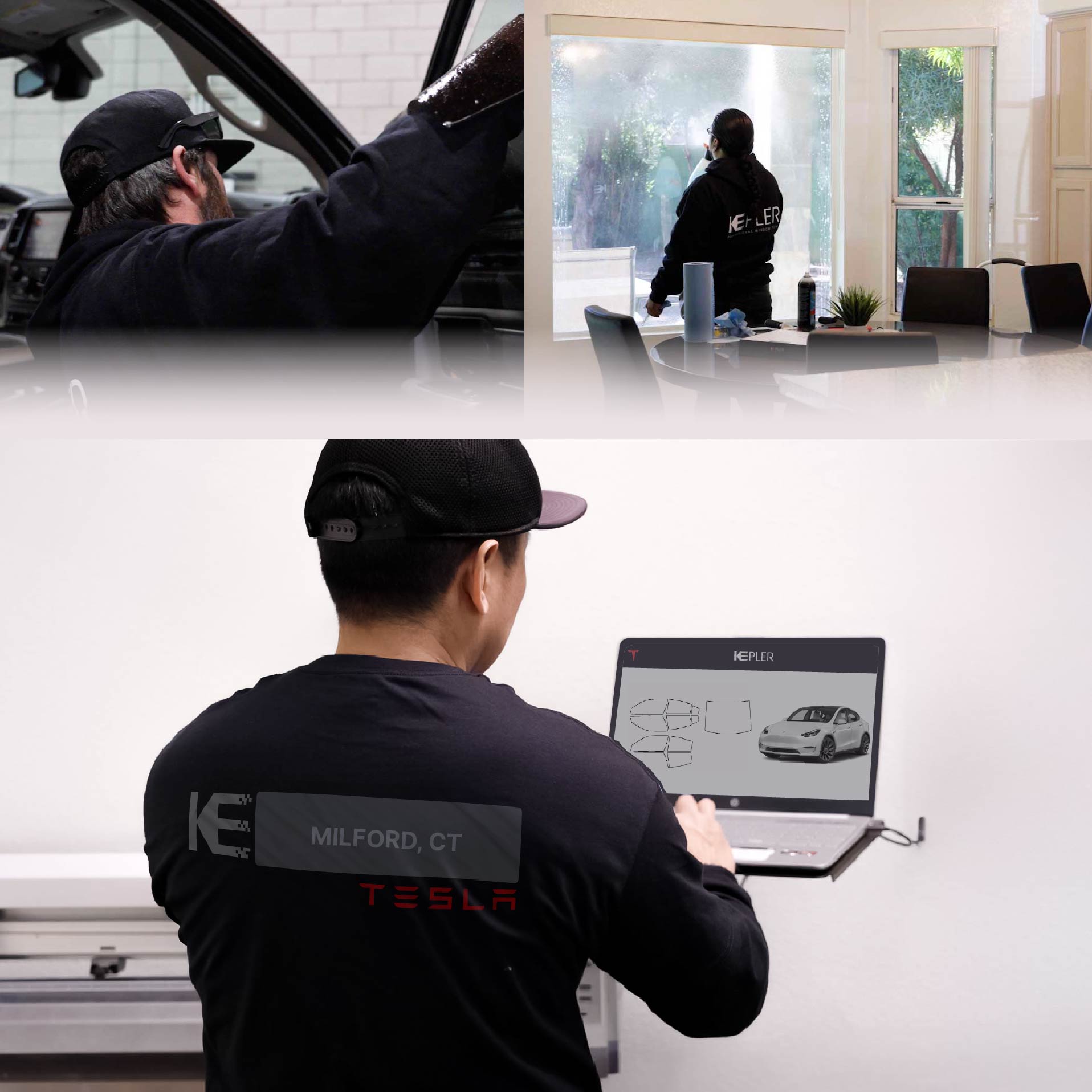 Expert Technician Fitting Advanced Window Tint to Tesla in Milford