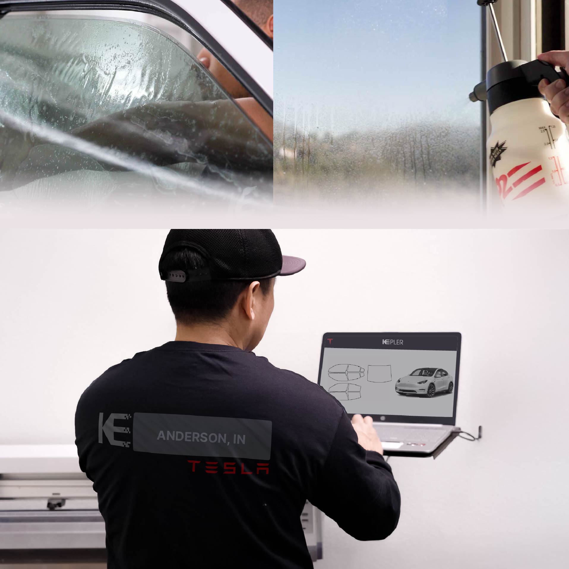 Expert Technician Applying Advanced Window Tint to Tesla in Anderson