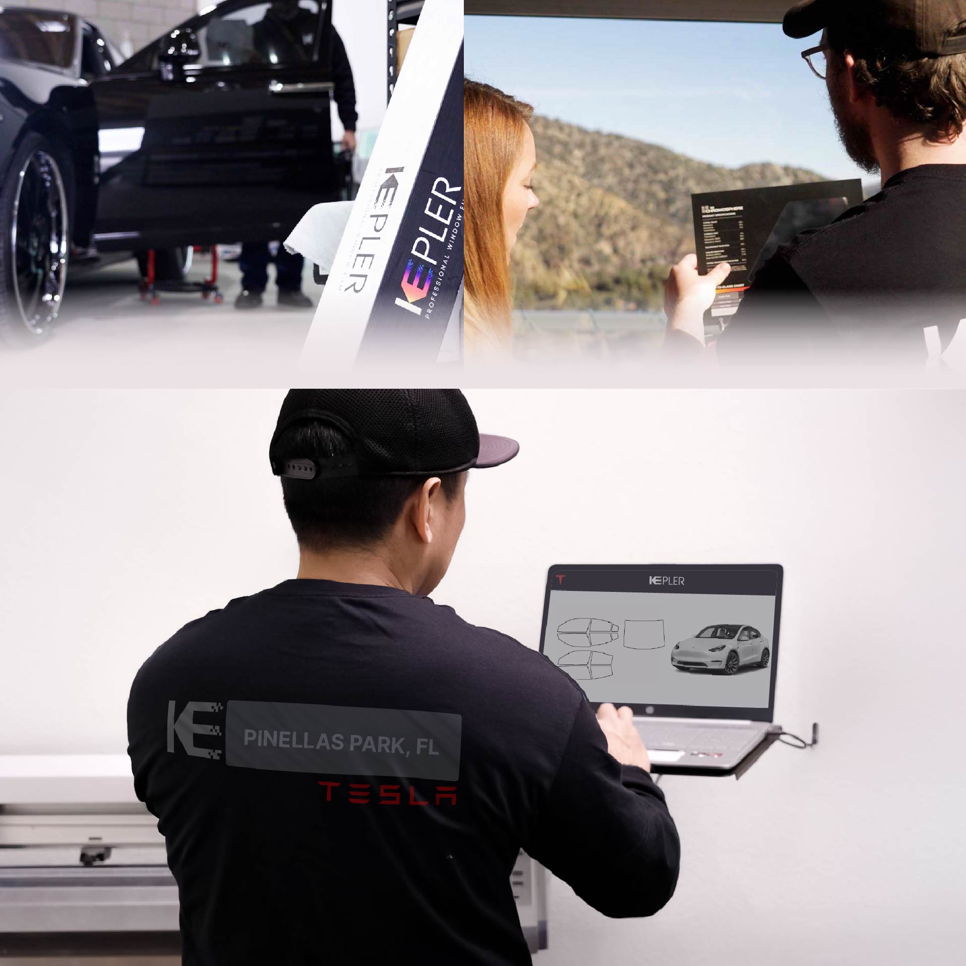 Expert Technician Fitting Advanced Window Tint to Tesla in Pinellas Park