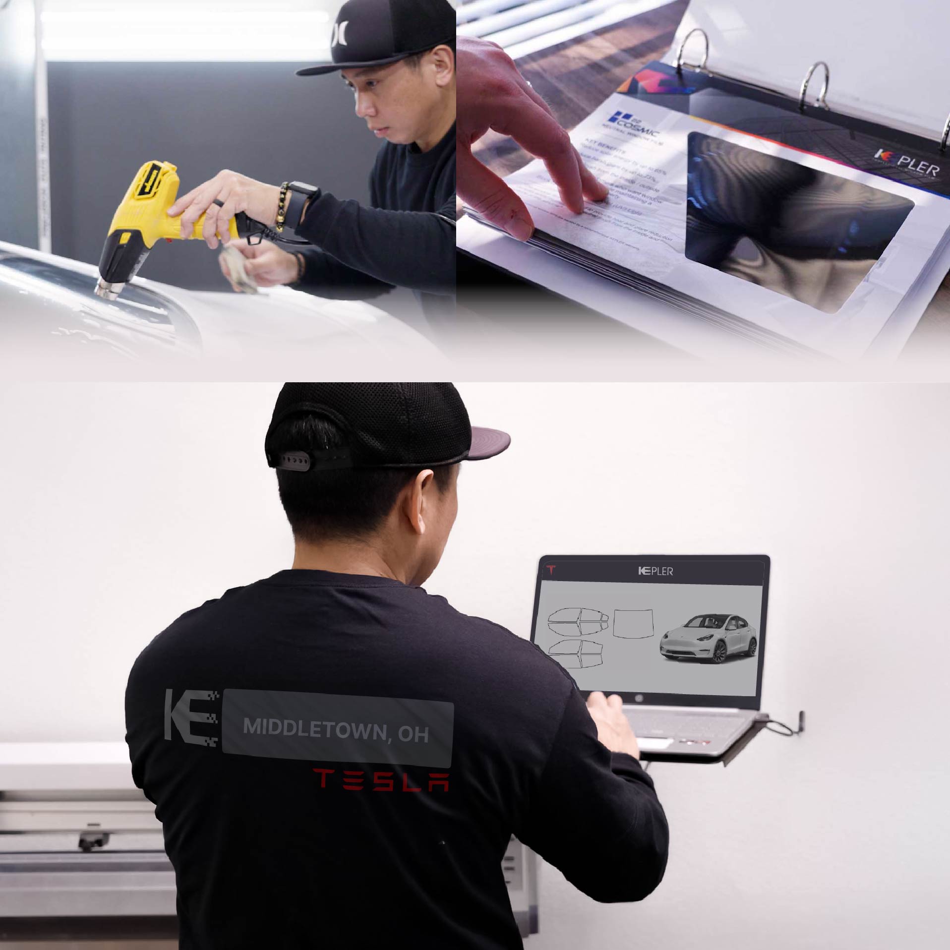 Kepler Technician Fitting High-tech Window Tint to Tesla in Middletown