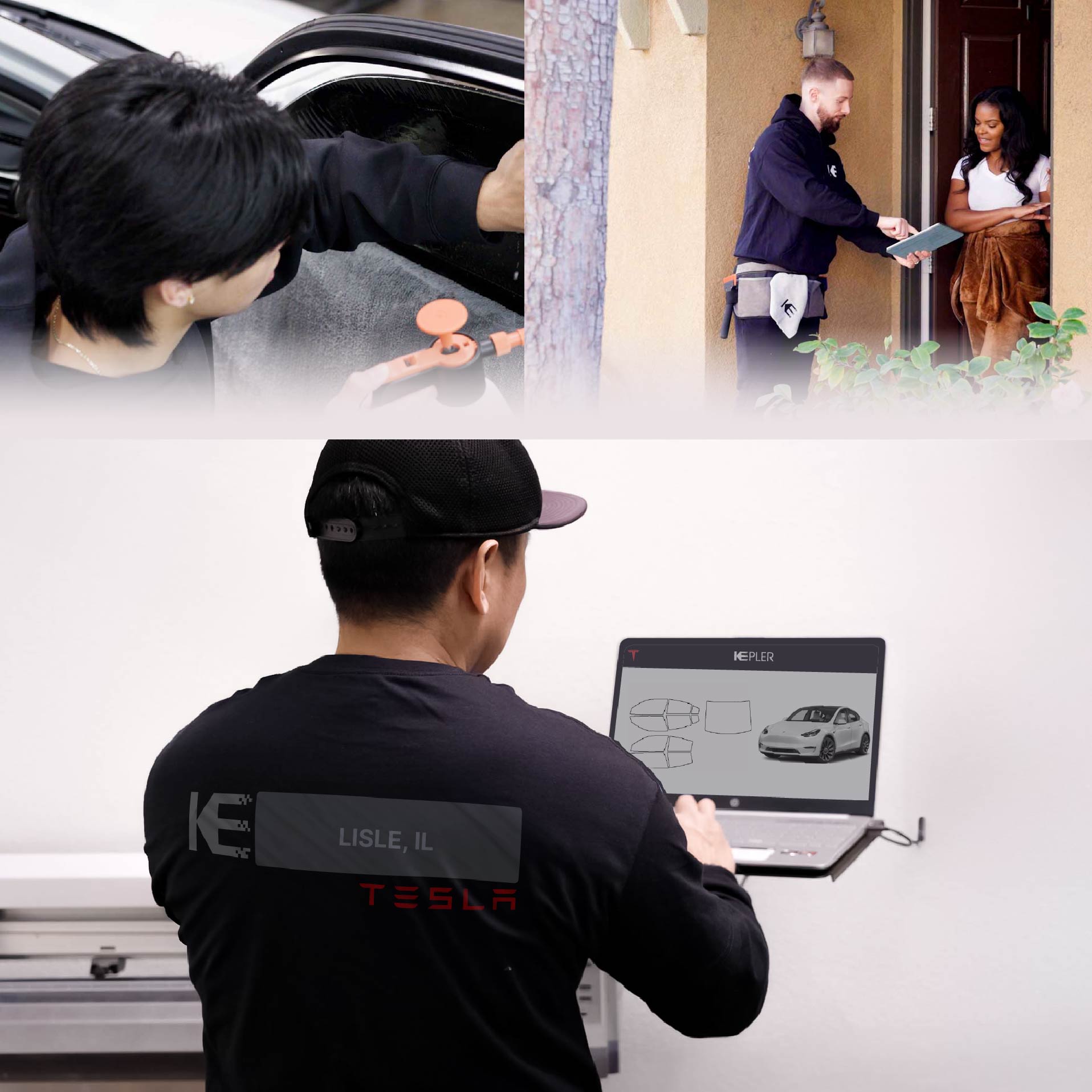 Kepler Technician Applying High-tech Window Tint to Tesla in Lisle