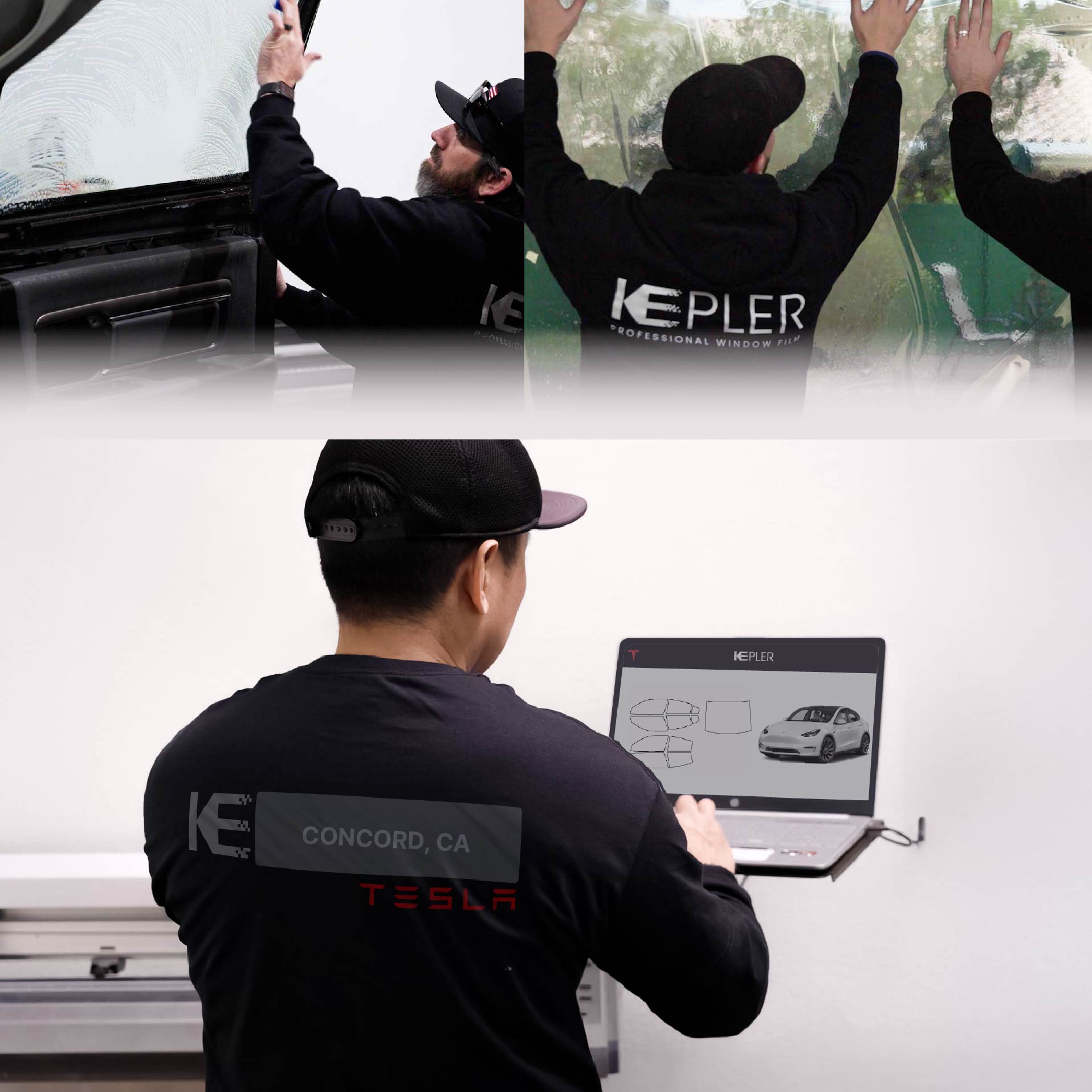 Kepler Technician Installing High-tech Window Tint to Tesla in Concord