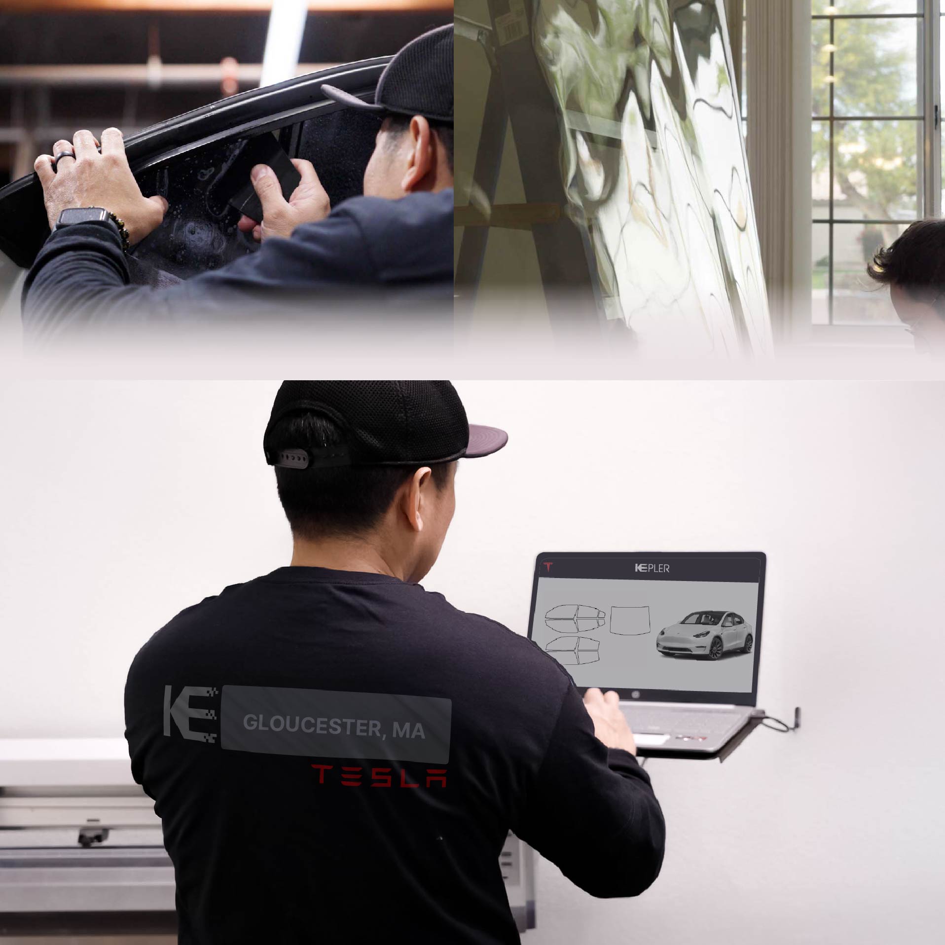 Expert Technician Fitting Ceramic Window Tint to Tesla in Gloucester