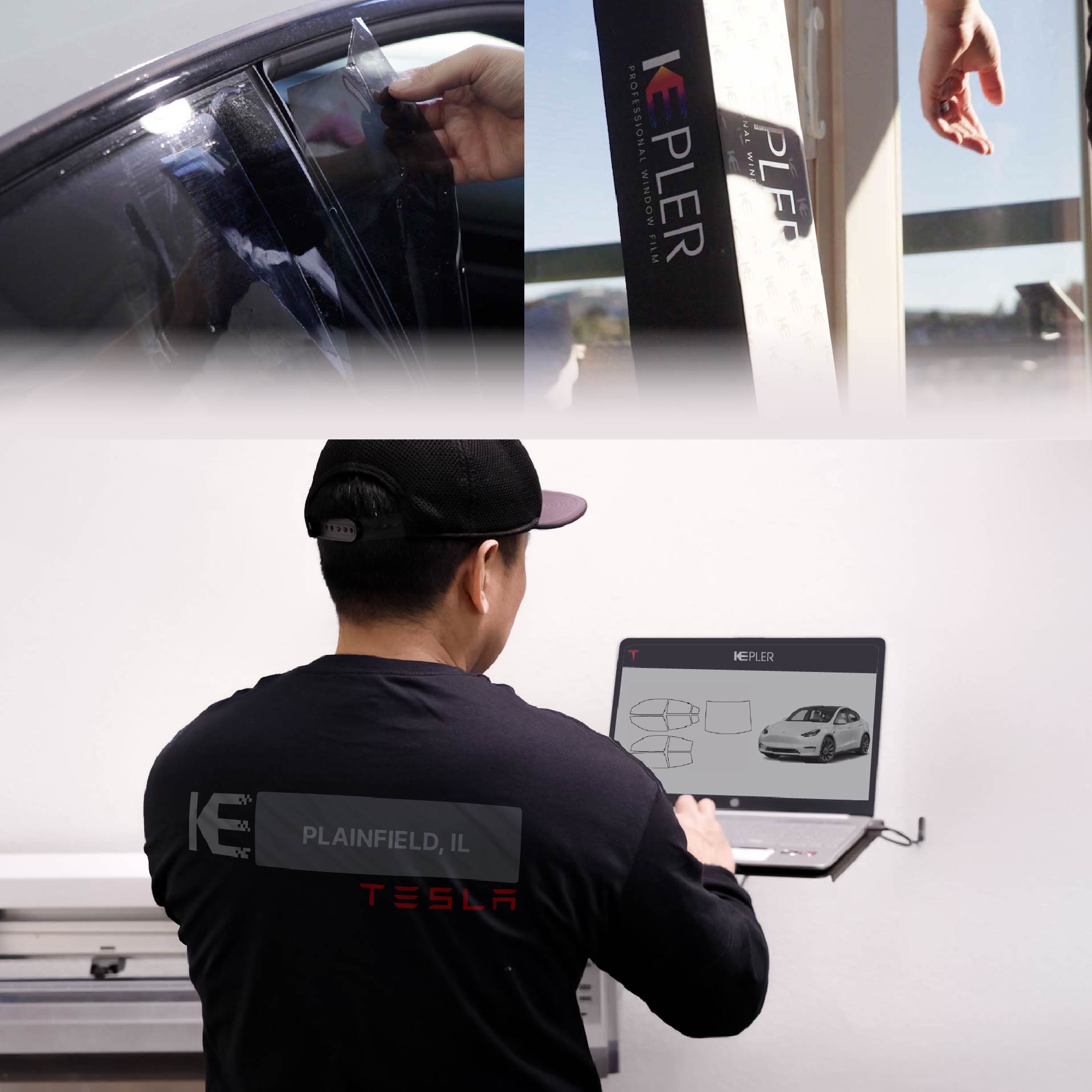 Kepler Technician Fitting High-tech Window Tint to Tesla in Plainfield