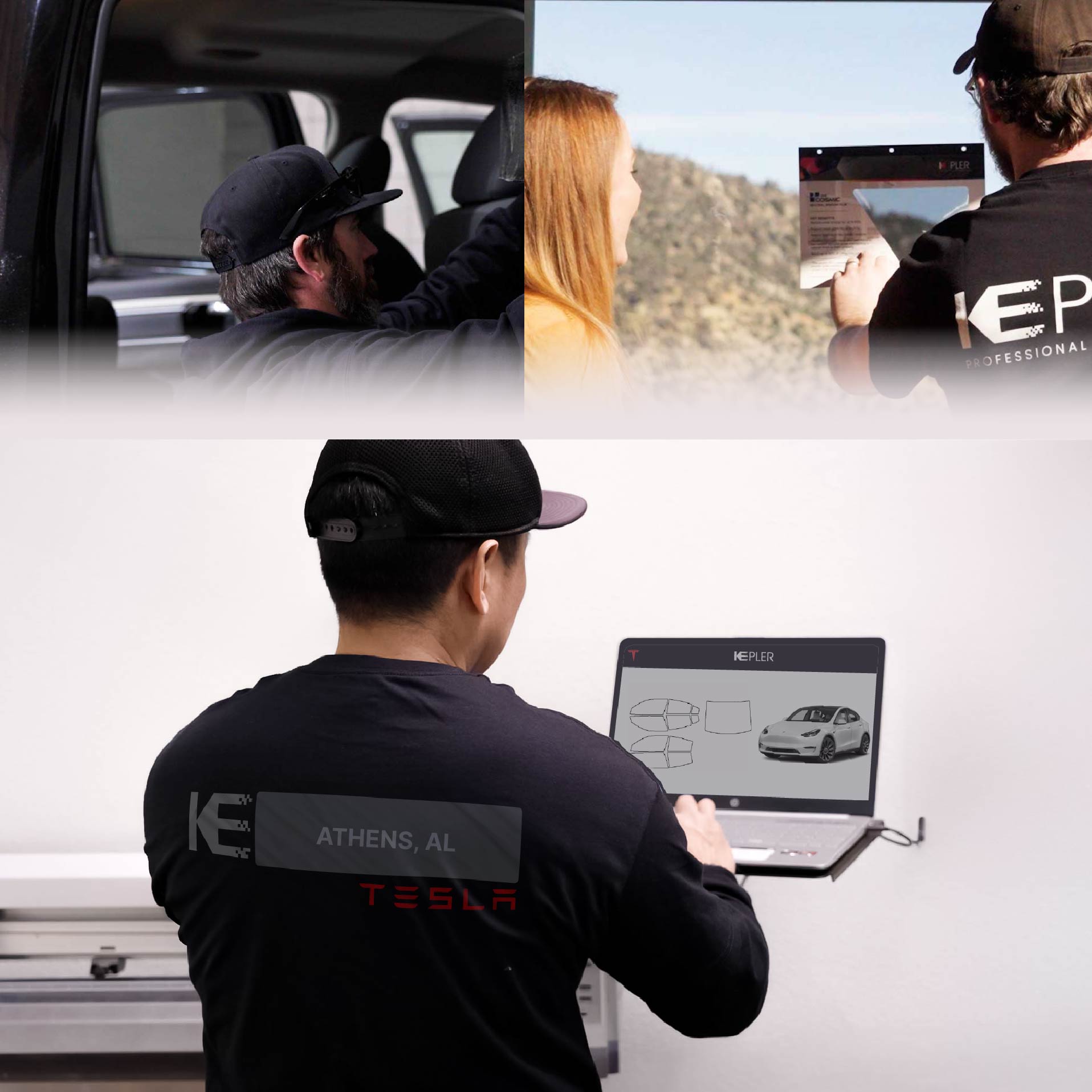 Kepler Technician Applying Ceramic Window Tint to Tesla in Athens