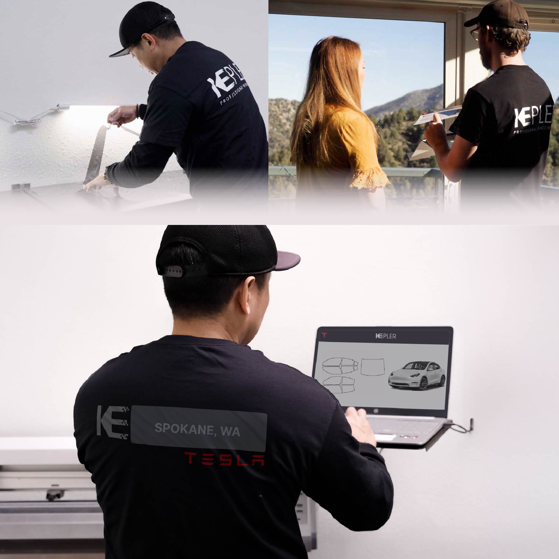 Kepler Technician Fitting Advanced Window Tint to Tesla in Spokane