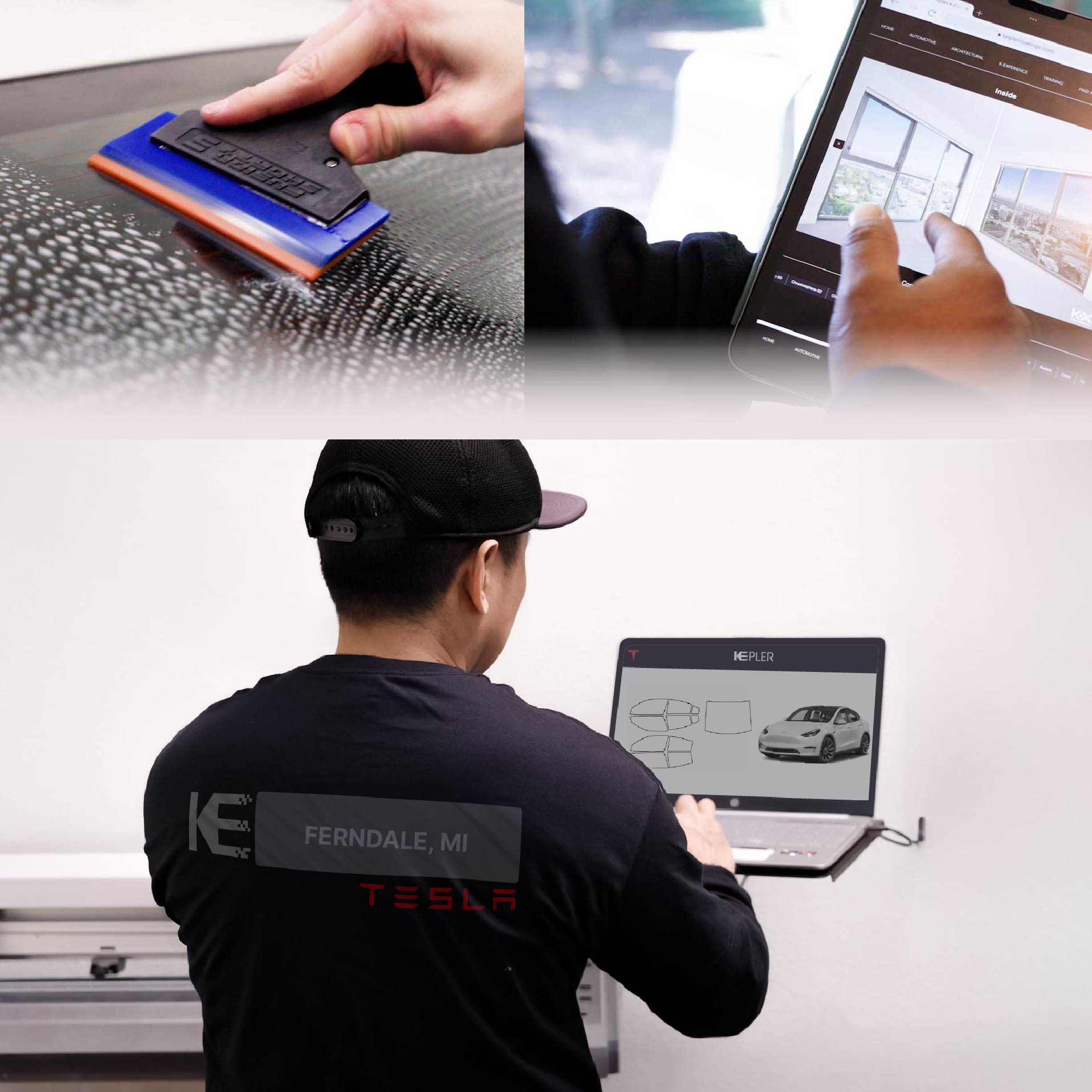 Kepler Technician Fitting Ceramic Window Tint to Tesla in Ferndale