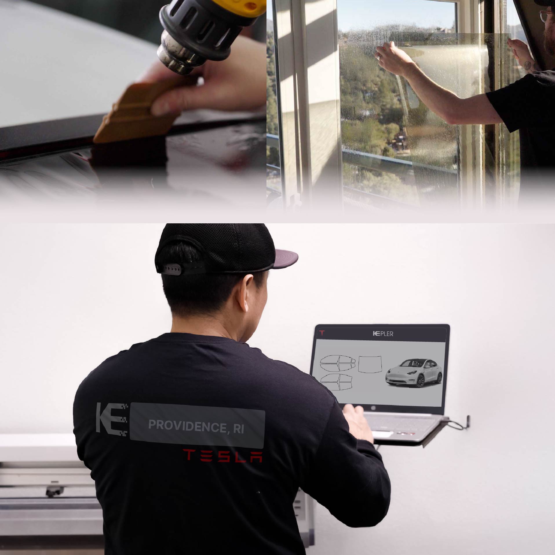 Expert Technician Installing High-tech Window Tint to Tesla in Providence