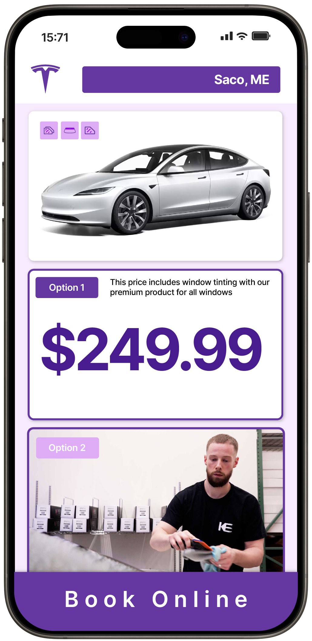 View Competitive Tesla Window Tinting Rates in Saco, Maine