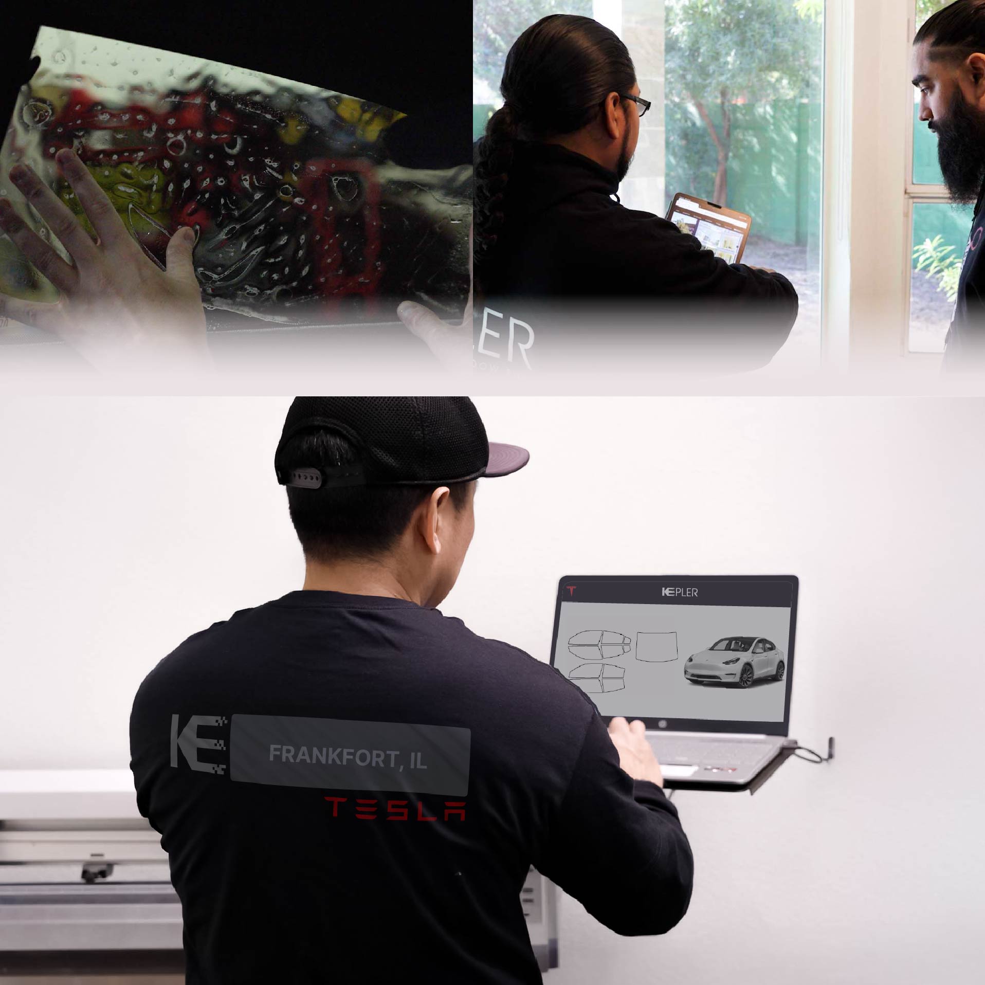 Kepler Technician Applying Advanced Window Tint to Tesla in Frankfort