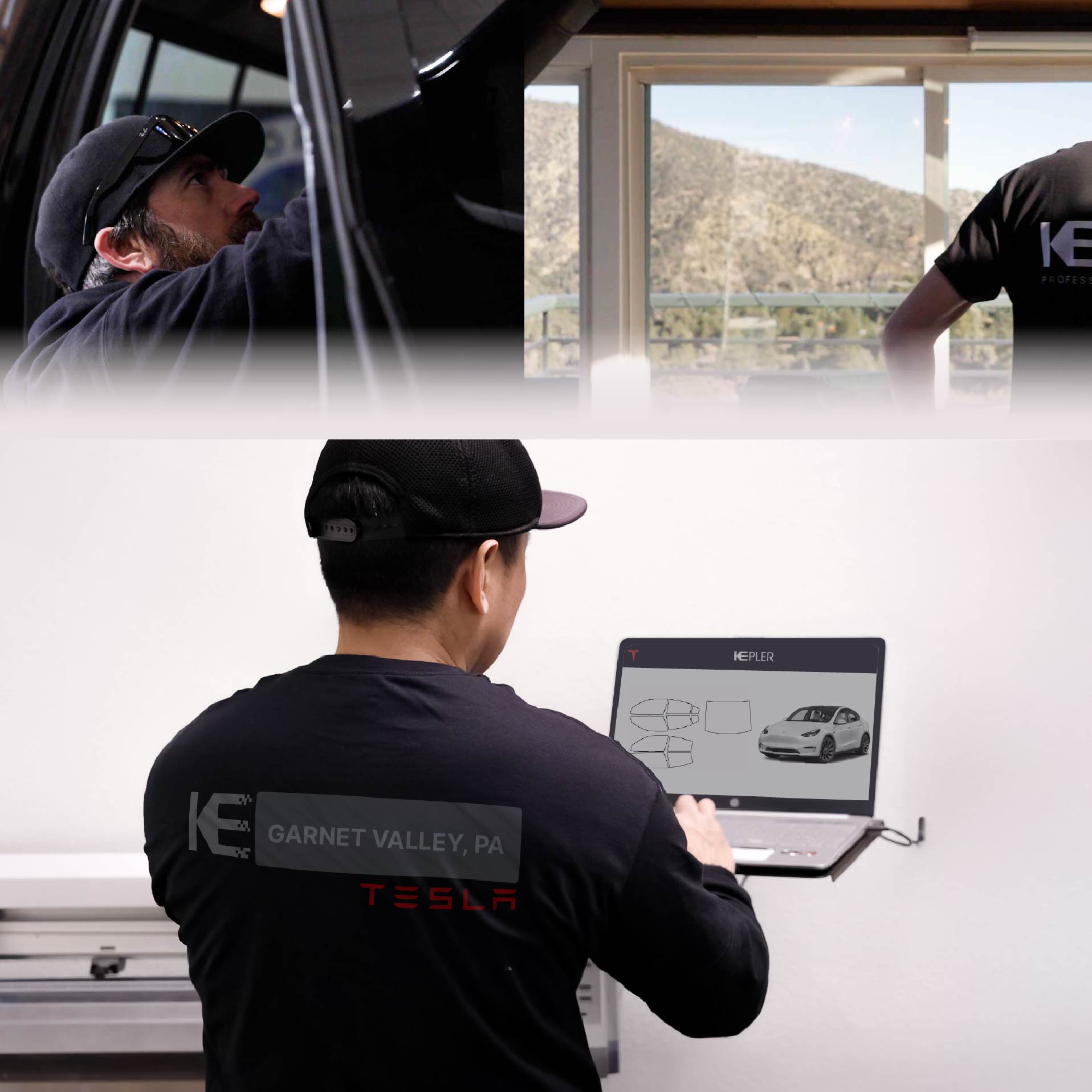 Expert Technician Applying Ceramic Window Tint to Tesla in Garnet Valley