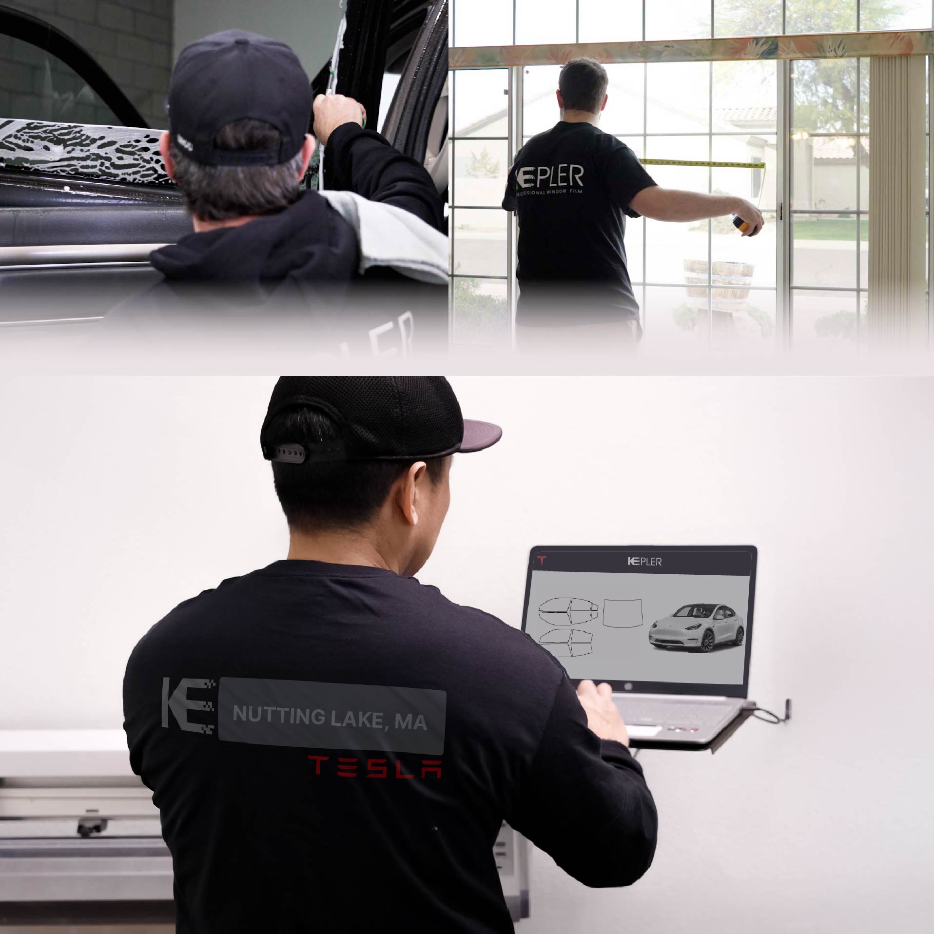 Kepler Technician Fitting Advanced Window Tint to Tesla in Nutting Lake