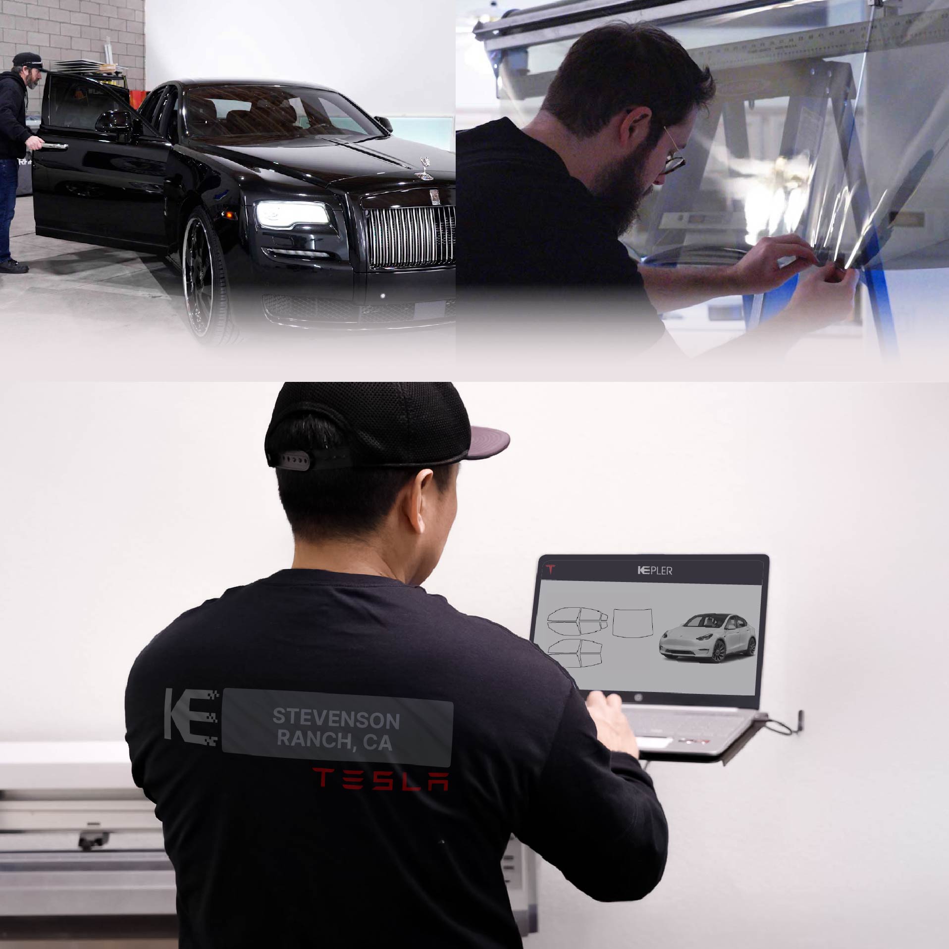 Kepler Technician Fitting Advanced Window Tint to Tesla in Stevenson Ranch