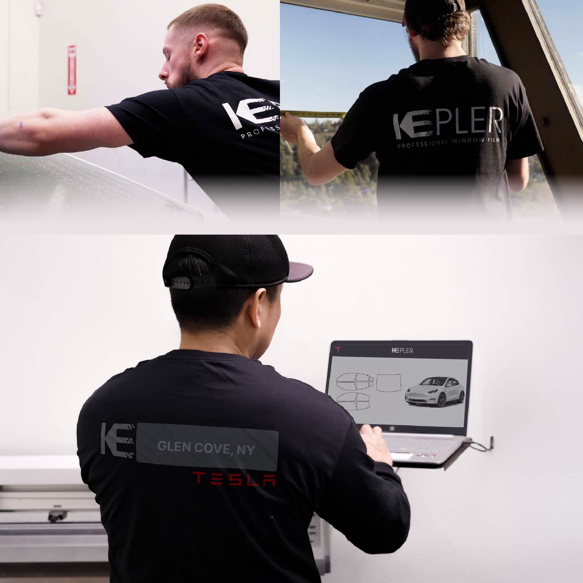 Kepler Technician Applying Advanced Window Tint to Tesla in Glen Cove