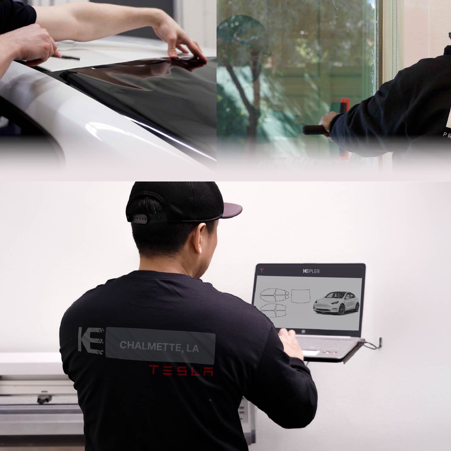 Expert Technician Applying Ceramic Window Tint to Tesla in Chalmette