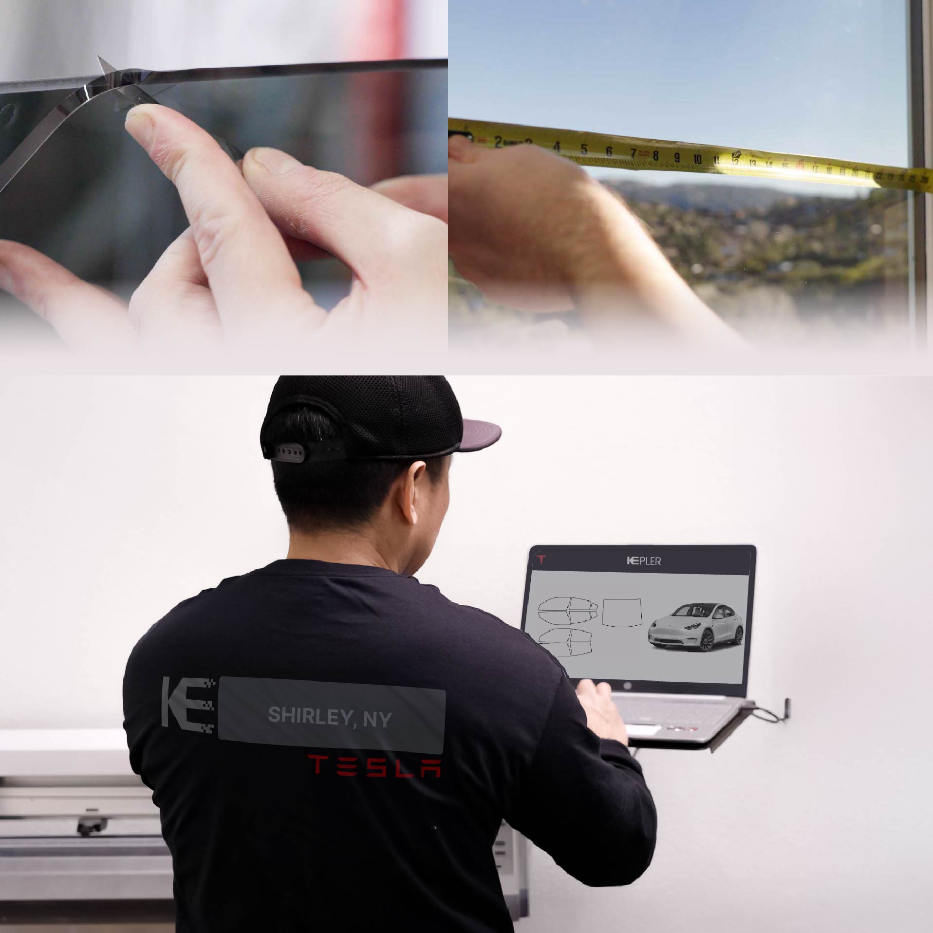Expert Technician Installing Ceramic Window Tint to Tesla in Shirley
