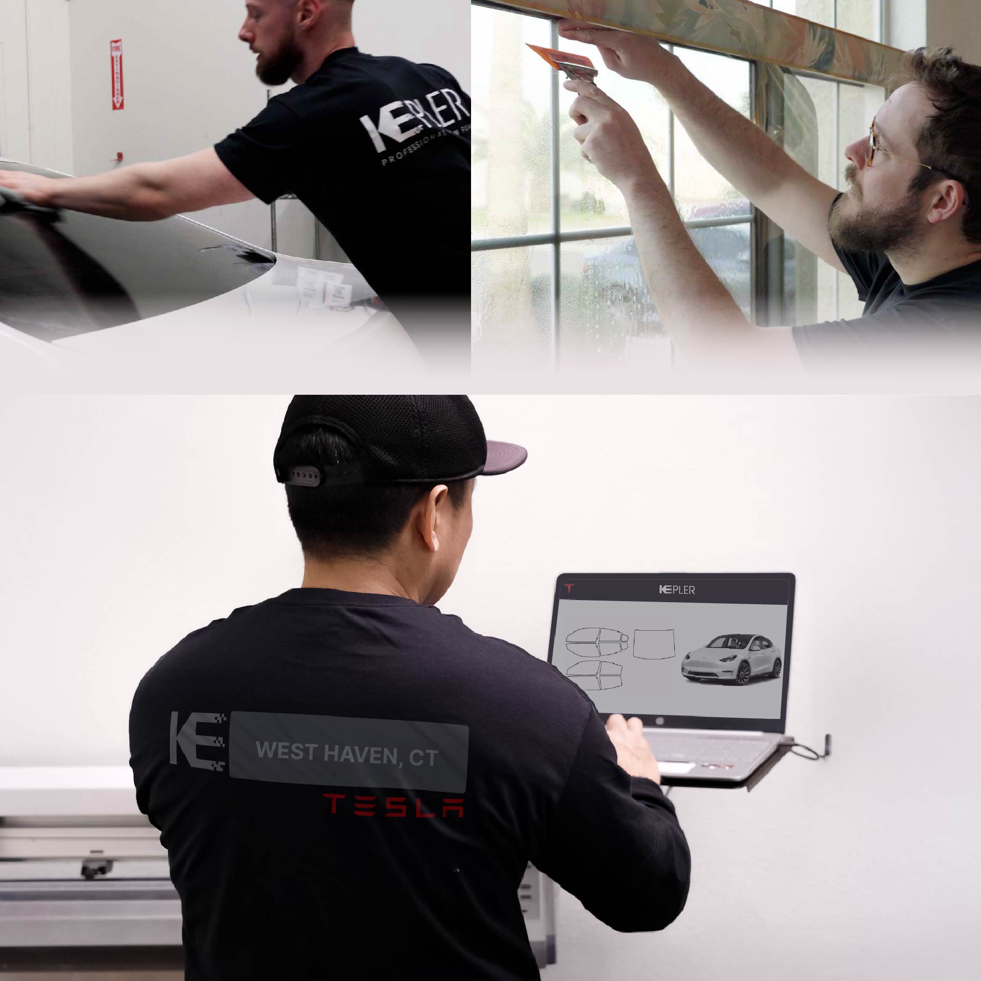 Kepler Technician Installing Advanced Window Tint to Tesla in West Haven