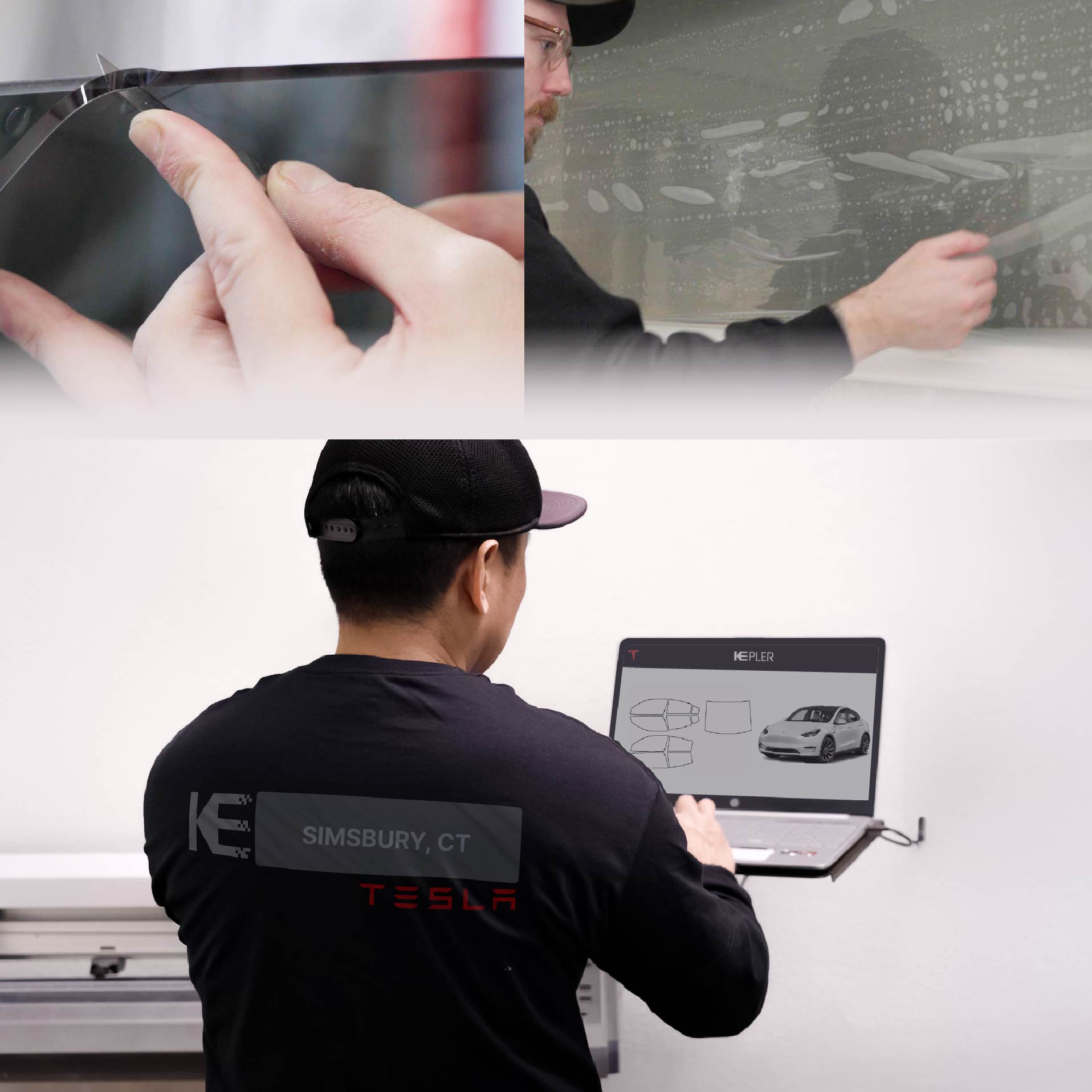 Expert Technician Installing Advanced Window Tint to Tesla in Simsbury
