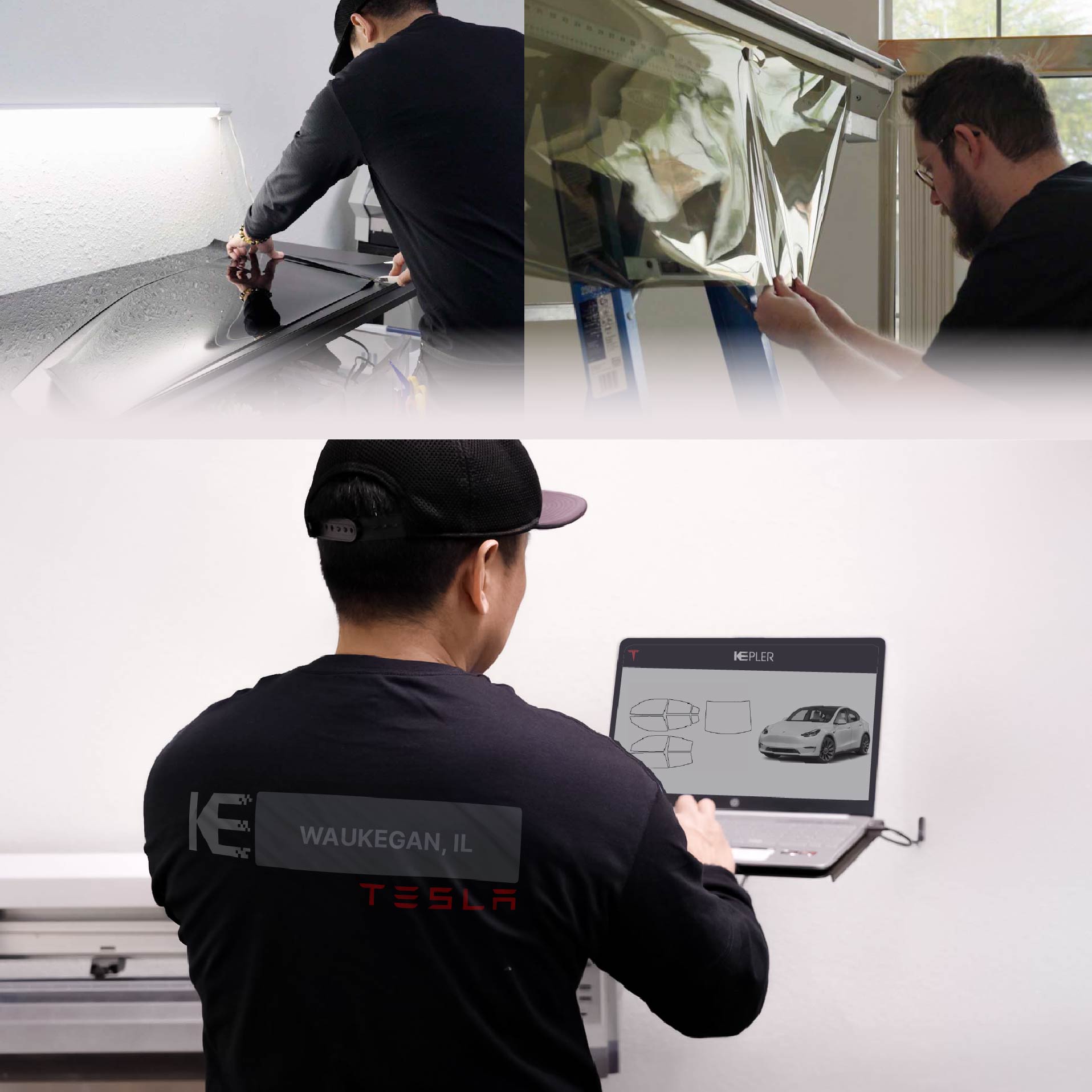 Kepler Technician Fitting High-tech Window Tint to Tesla in Waukegan