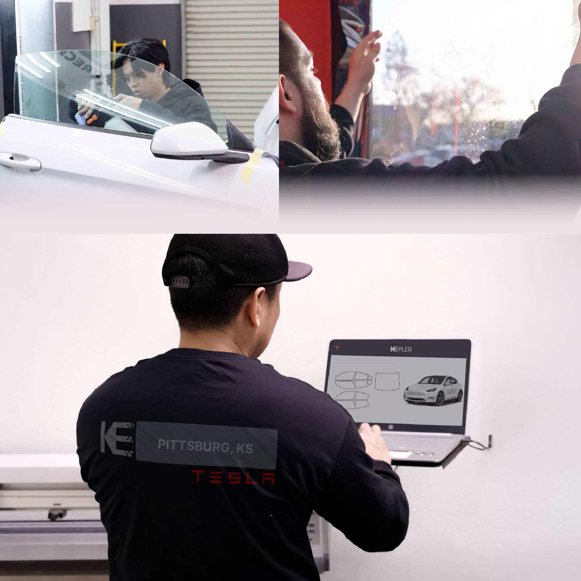 Expert Technician Fitting Ceramic Window Tint to Tesla in Pittsburg