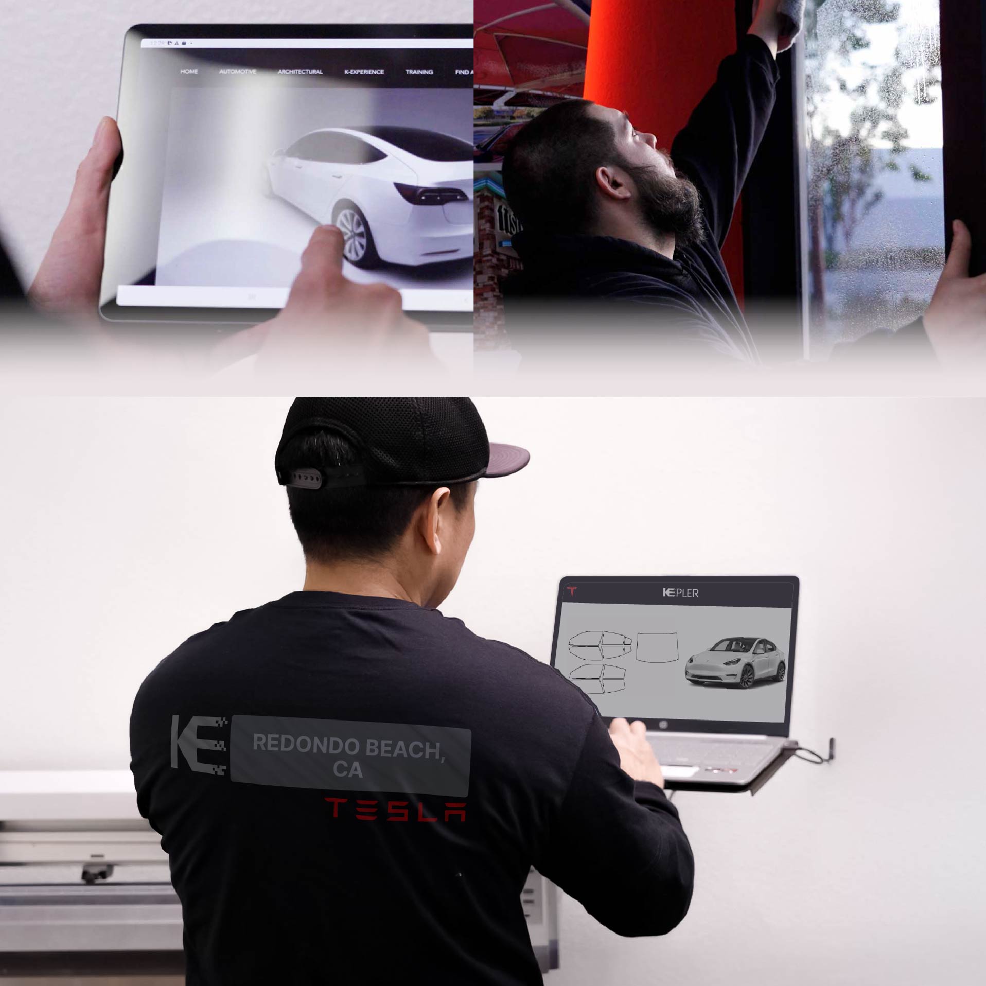 Kepler Technician Fitting Ceramic Window Tint to Tesla in Redondo Beach