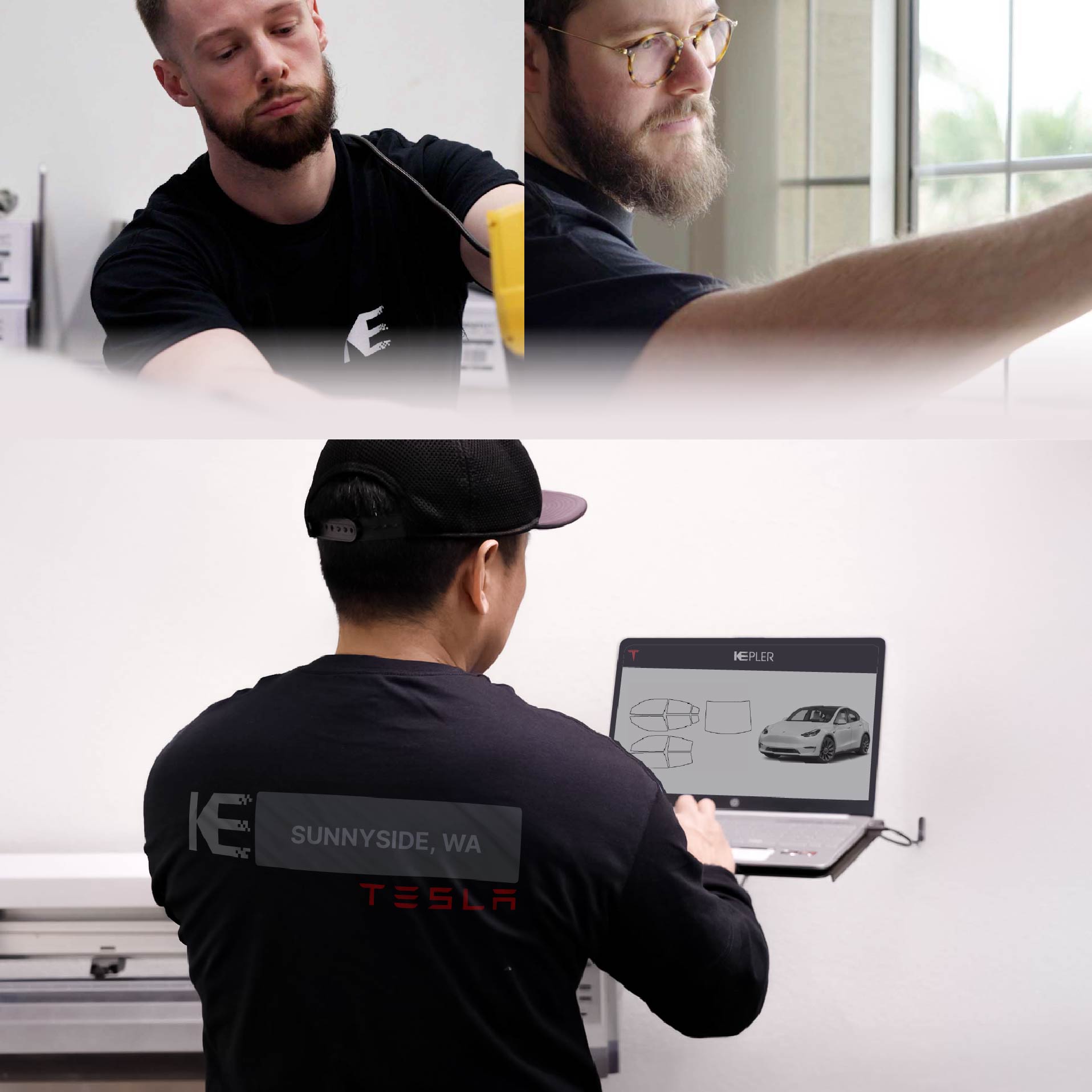 Expert Technician Fitting Advanced Window Tint to Tesla in Sunnyside