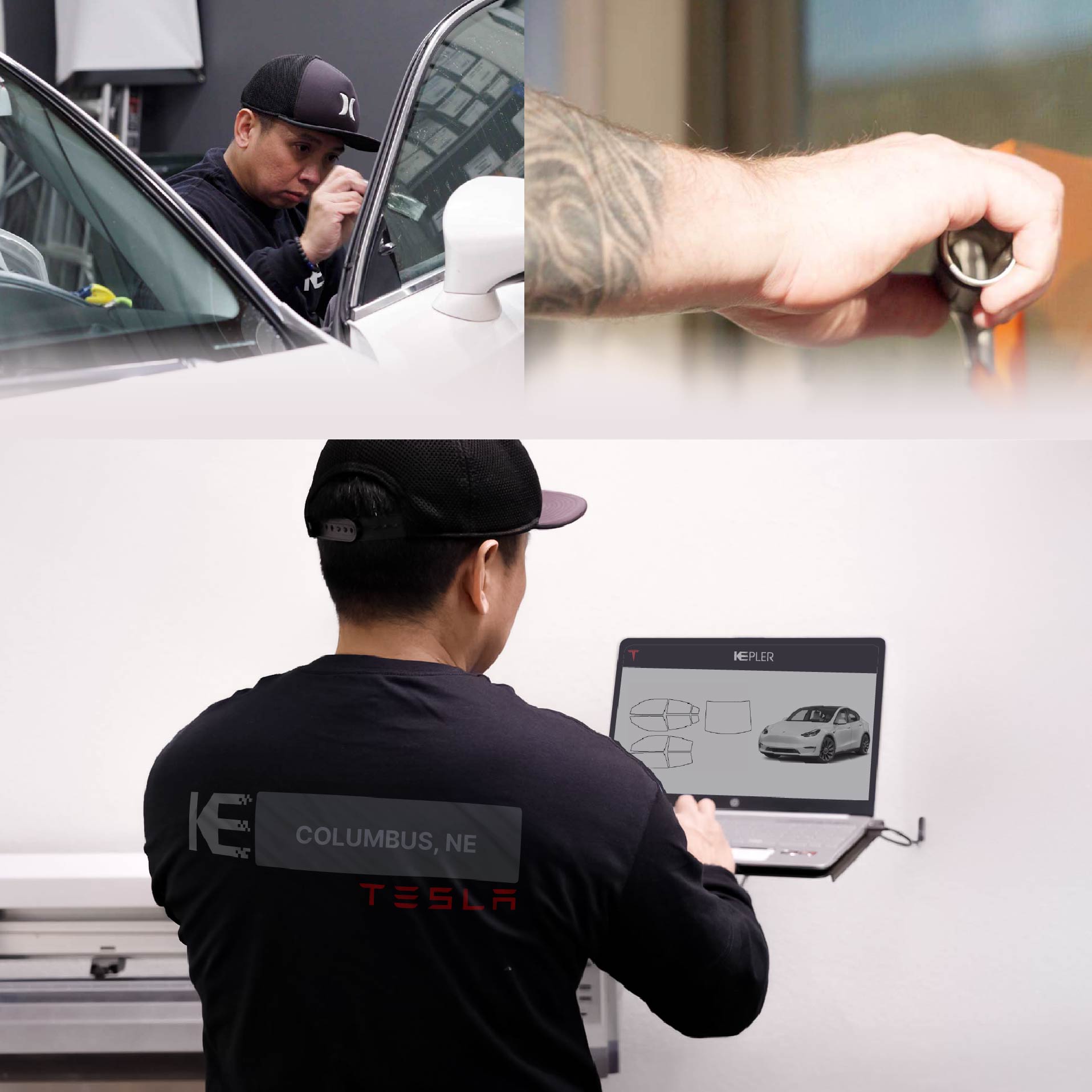 Expert Technician Applying Ceramic Window Tint to Tesla in Columbus