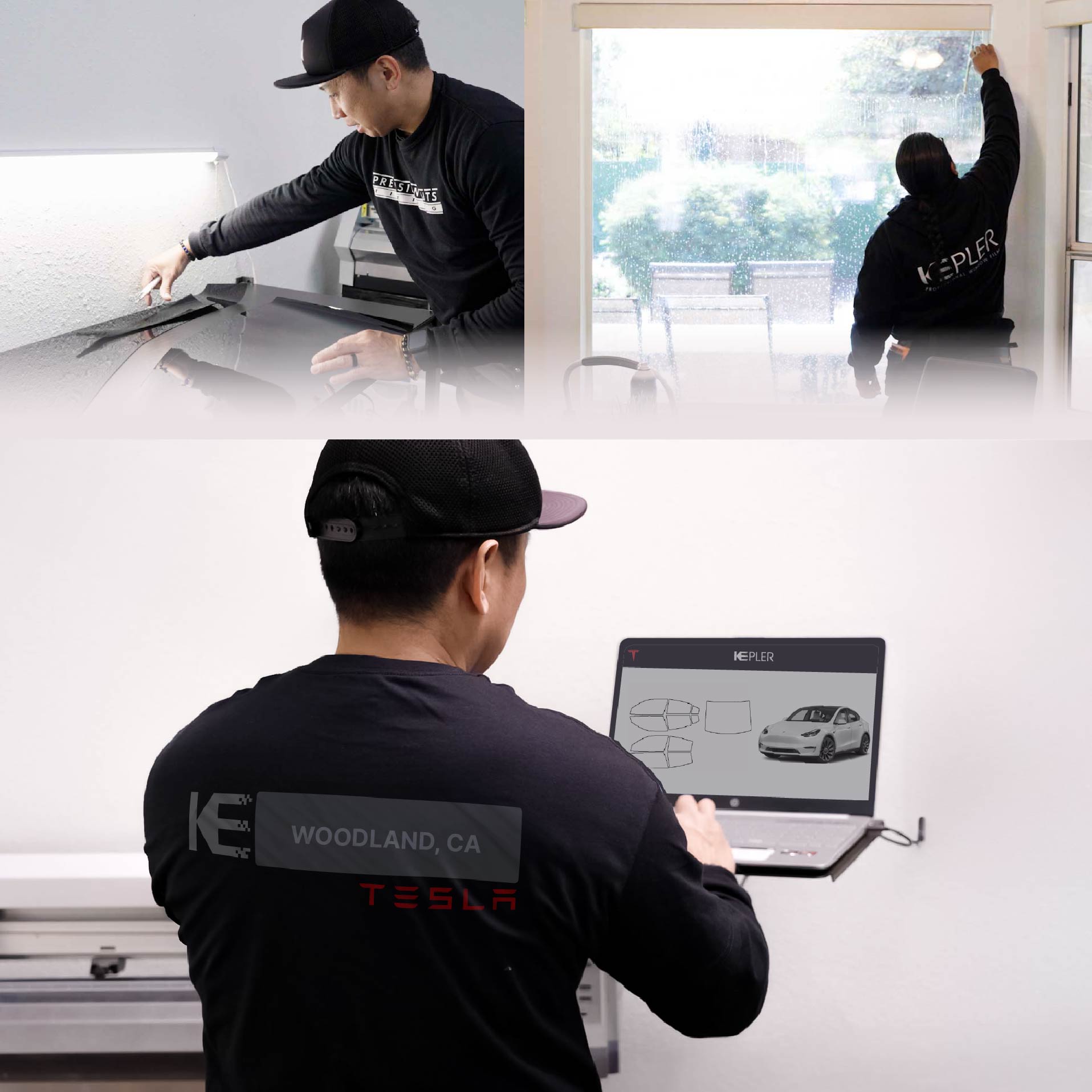 Kepler Technician Installing Ceramic Window Tint to Tesla in Woodland