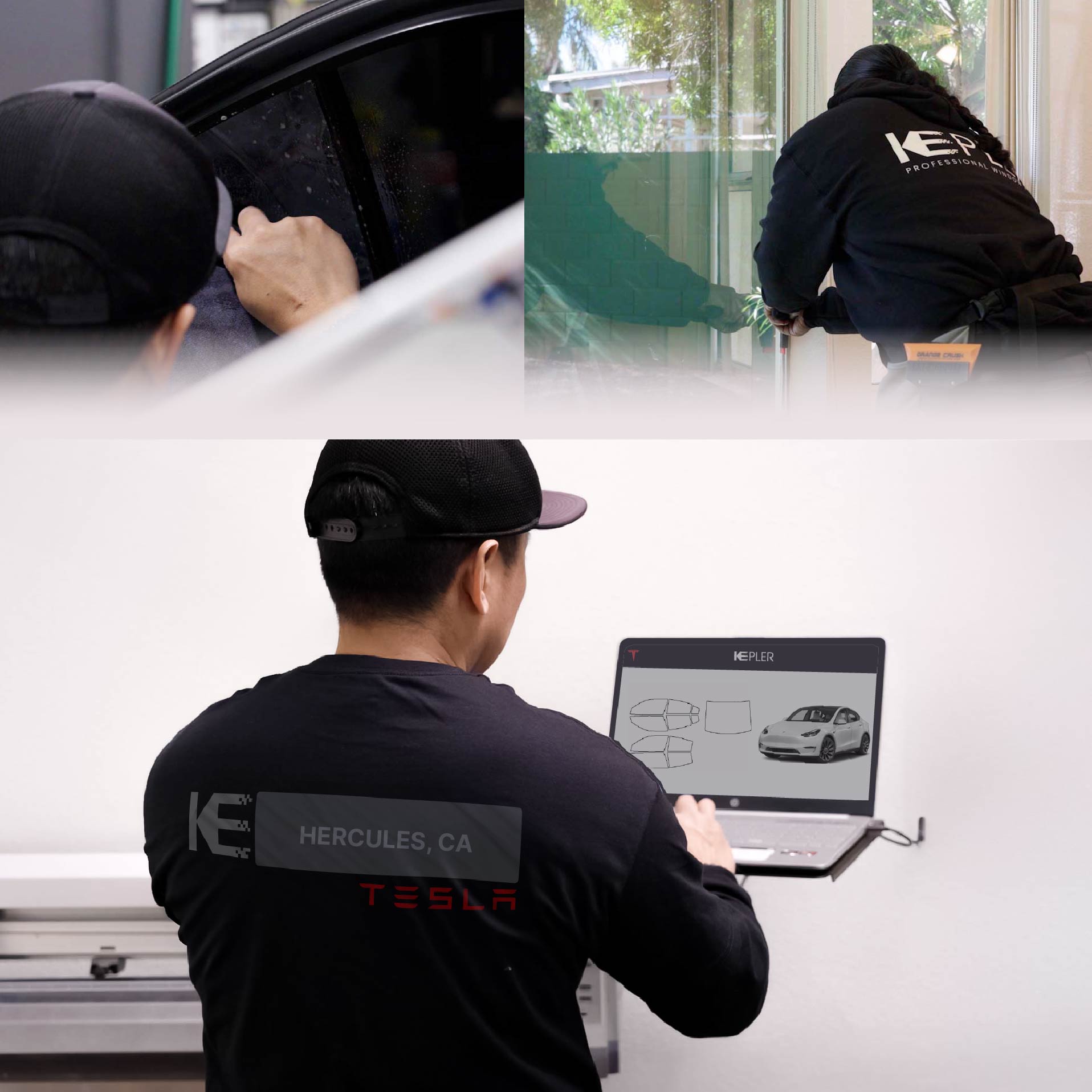 Expert Technician Installing Advanced Window Tint to Tesla in Hercules