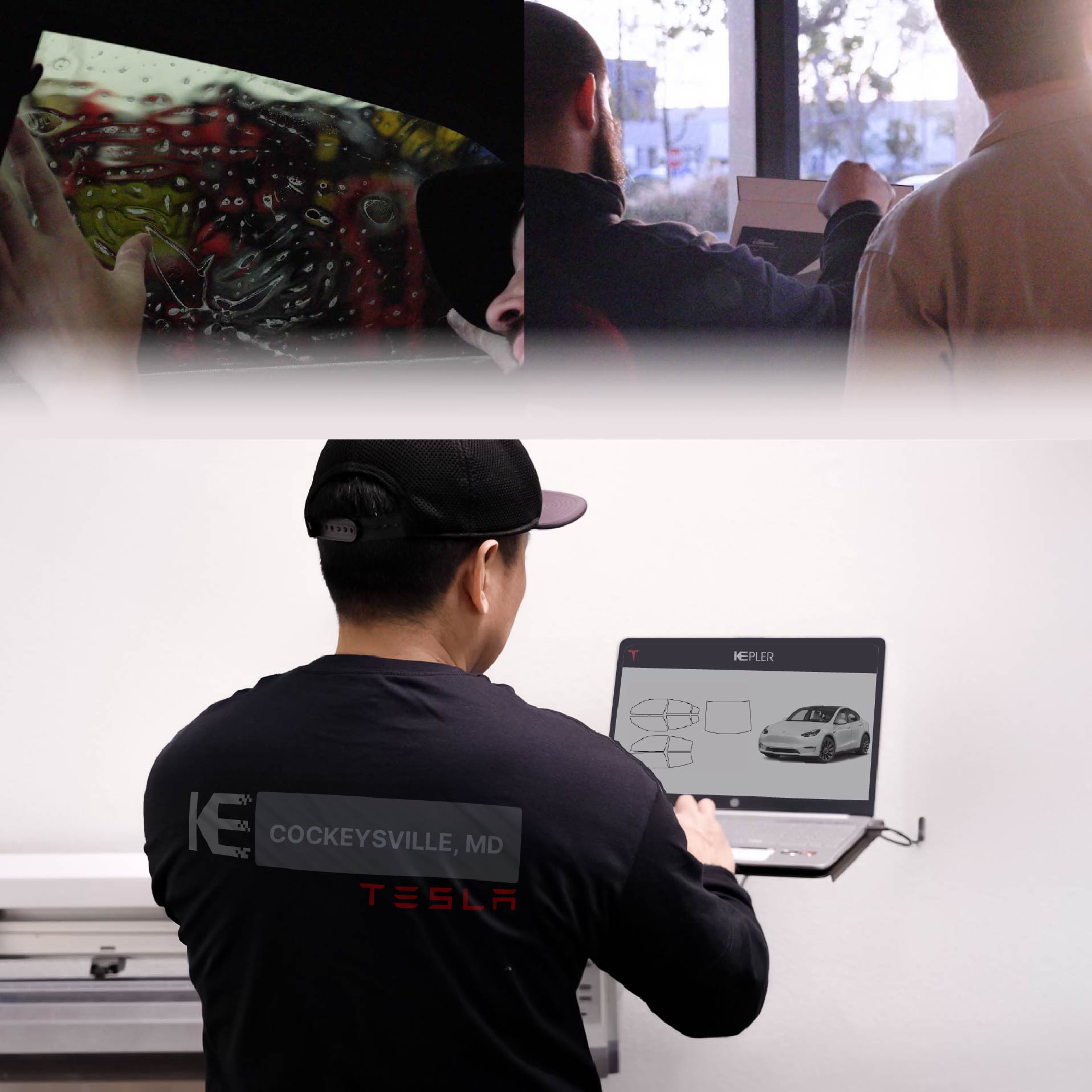 Kepler Technician Fitting Advanced Window Tint to Tesla in Cockeysville