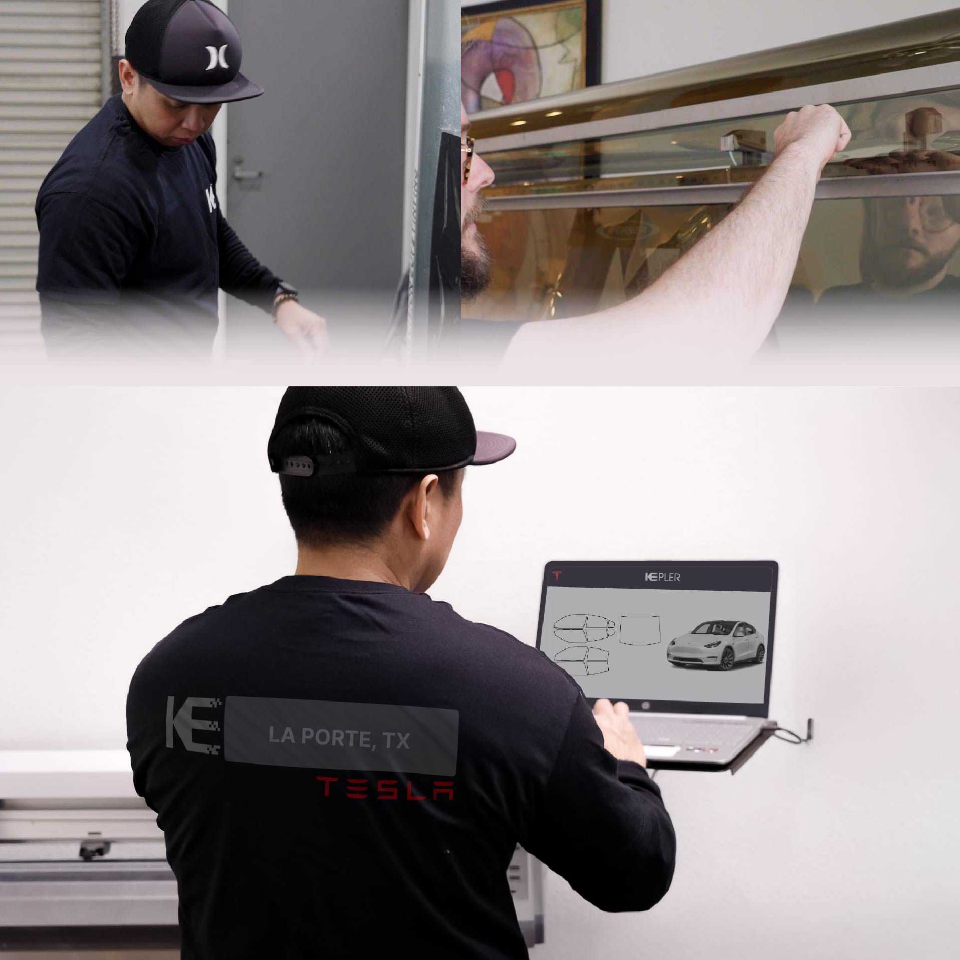 Kepler Technician Fitting Advanced Window Tint to Tesla in La Porte