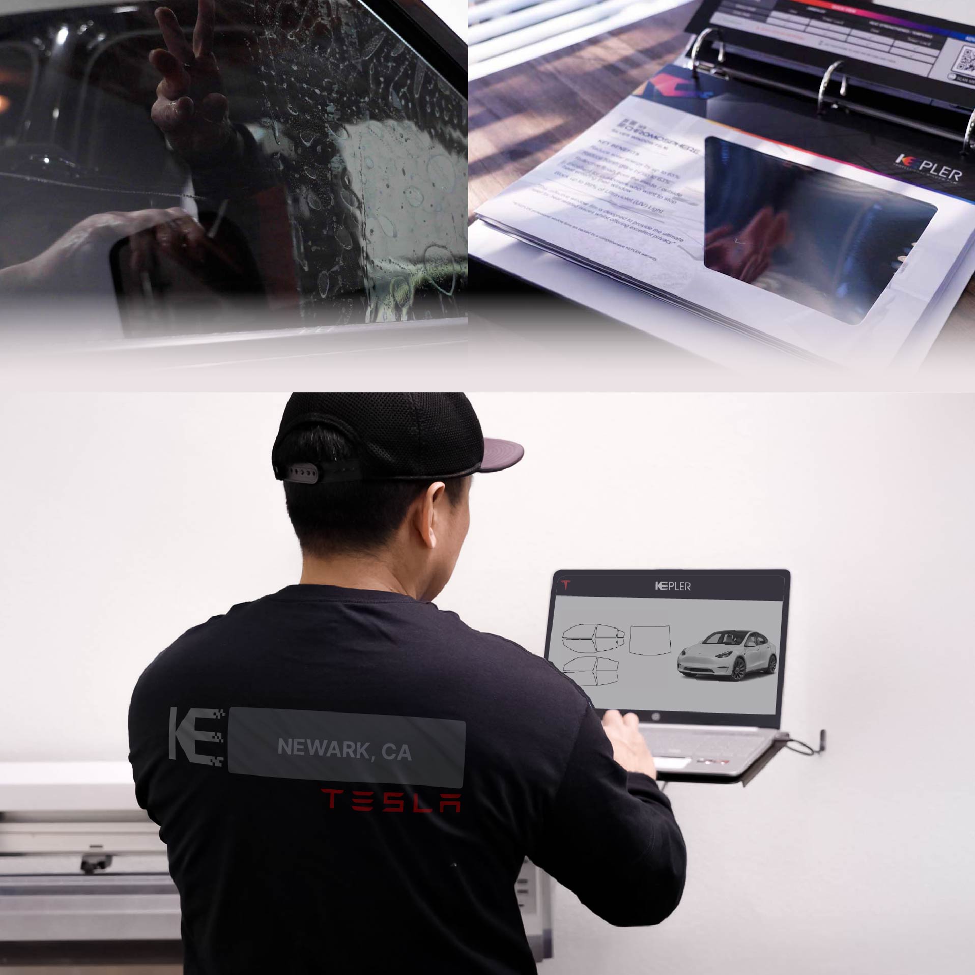 Expert Technician Fitting High-tech Window Tint to Tesla in Newark