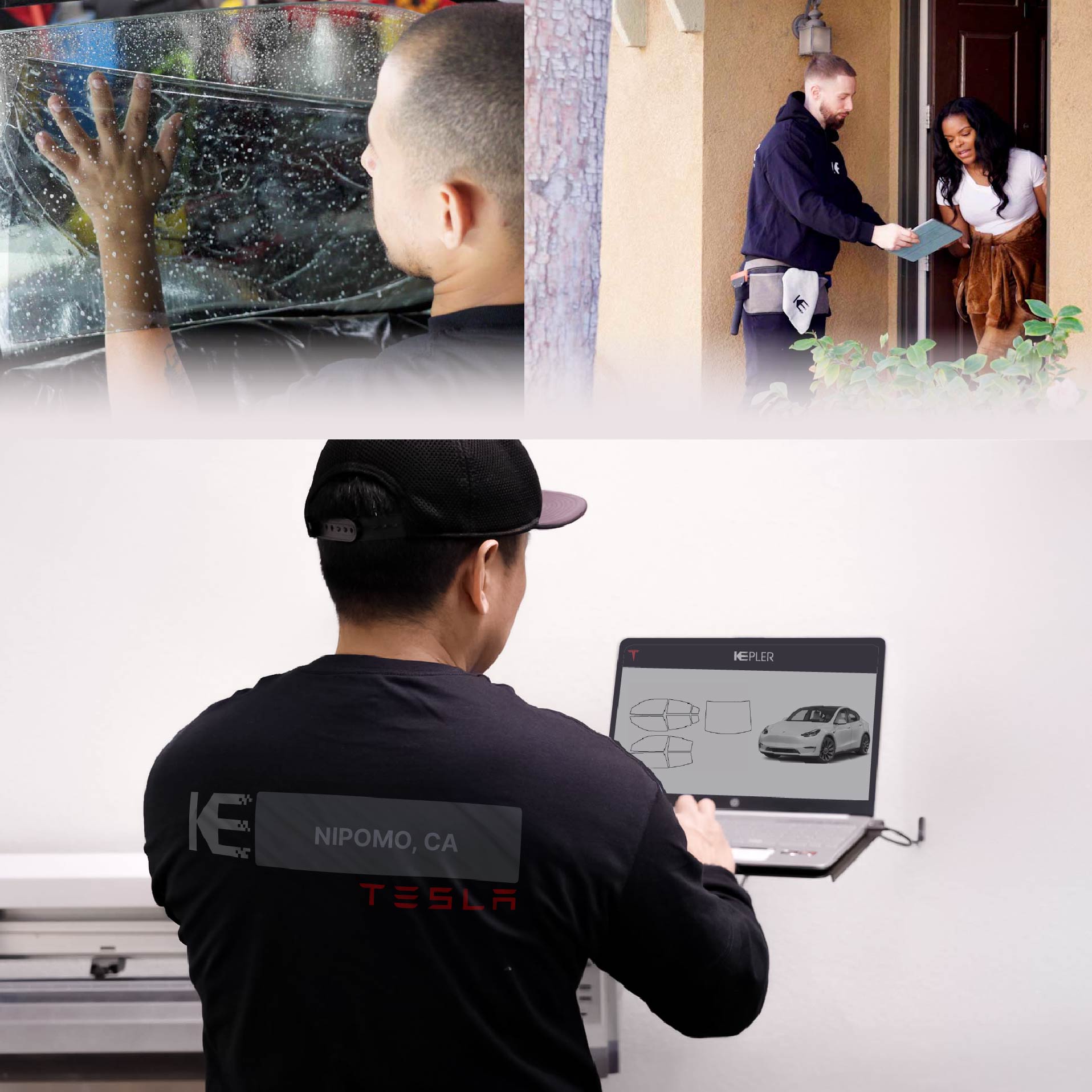 Kepler Technician Installing Ceramic Window Tint to Tesla in Nipomo