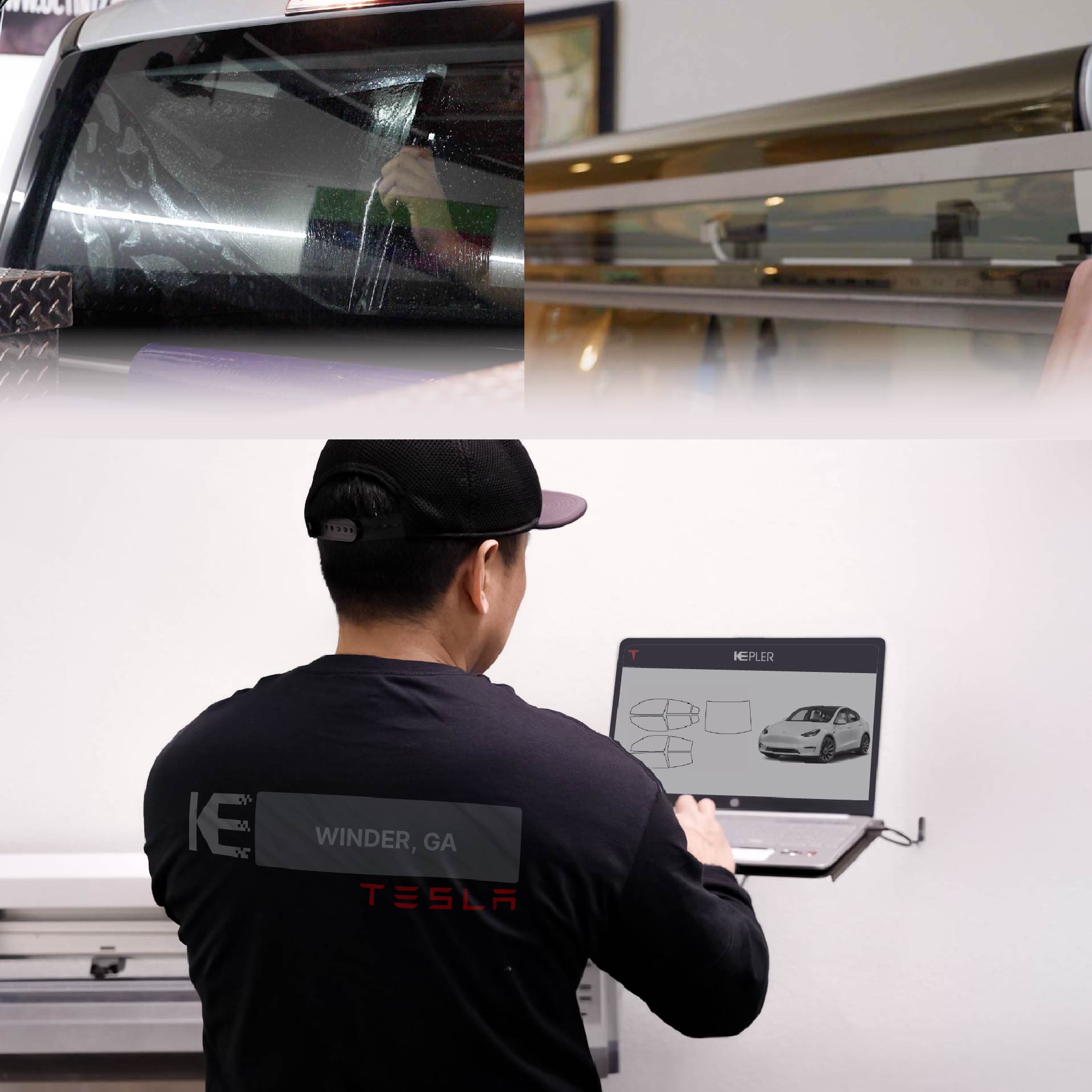 Expert Technician Installing Ceramic Window Tint to Tesla in Winder