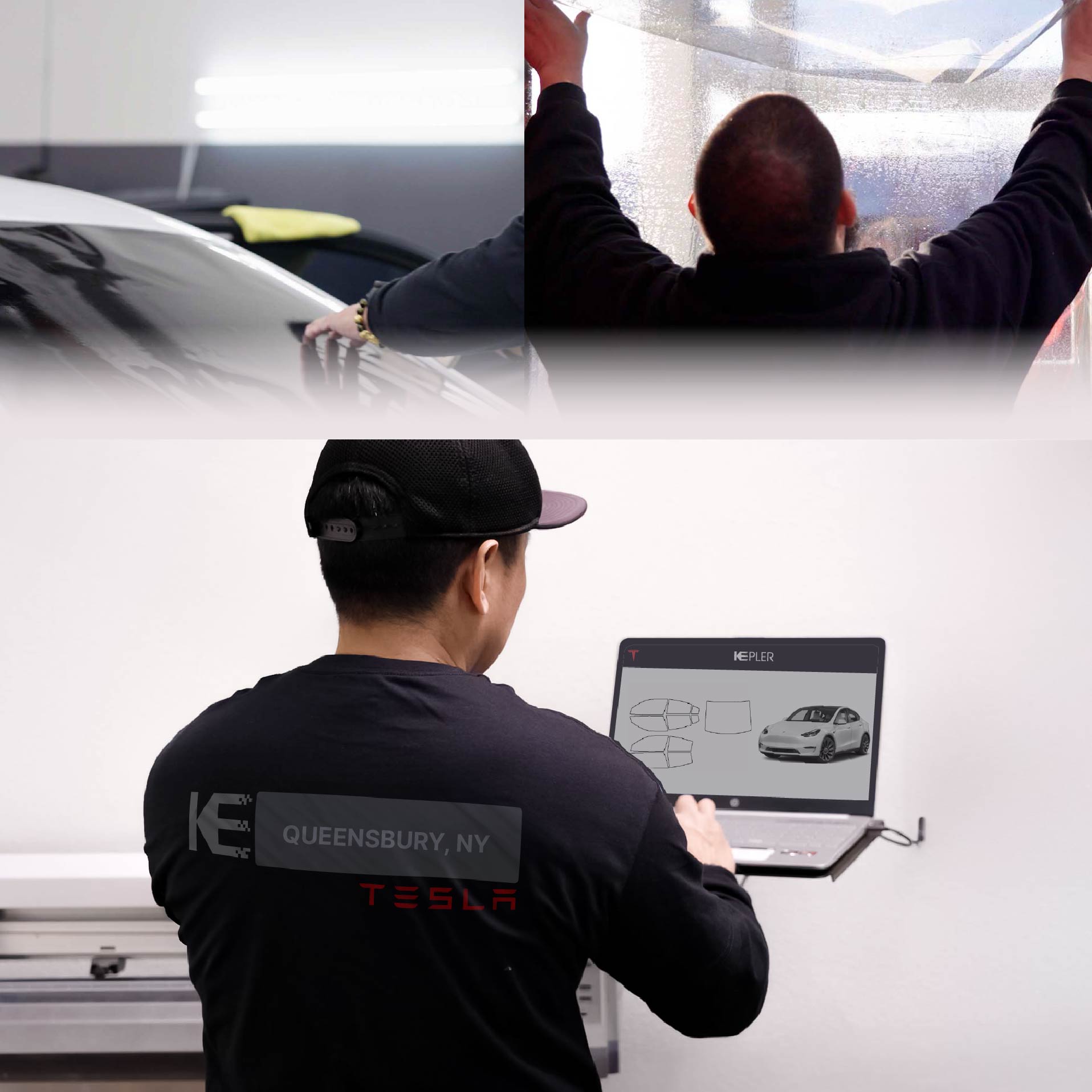 Expert Technician Fitting Advanced Window Tint to Tesla in Queensbury