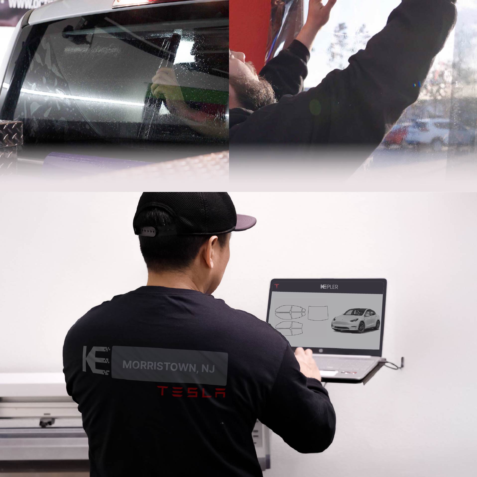 Expert Technician Applying Advanced Window Tint to Tesla in Morristown