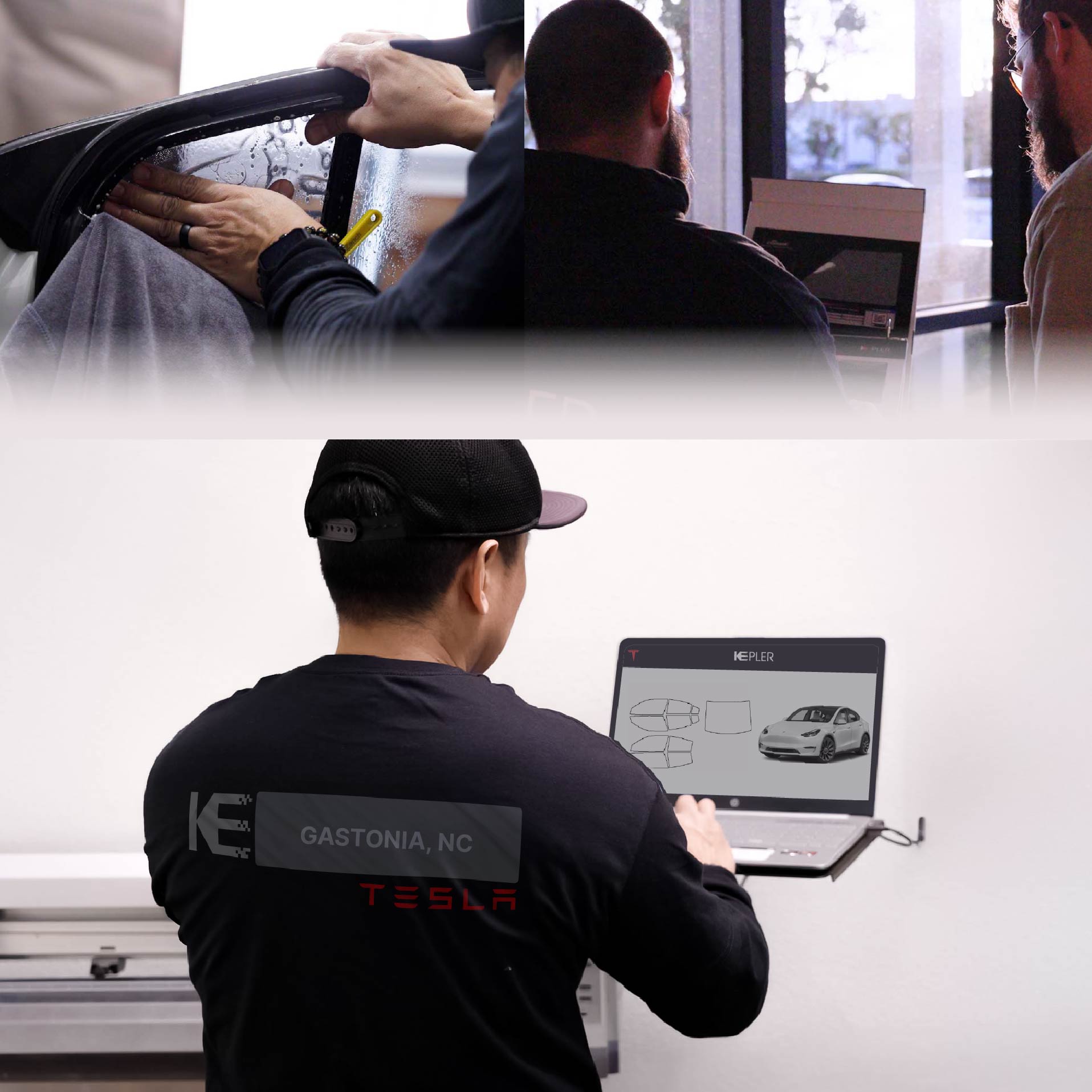 Kepler Technician Fitting High-tech Window Tint to Tesla in Gastonia