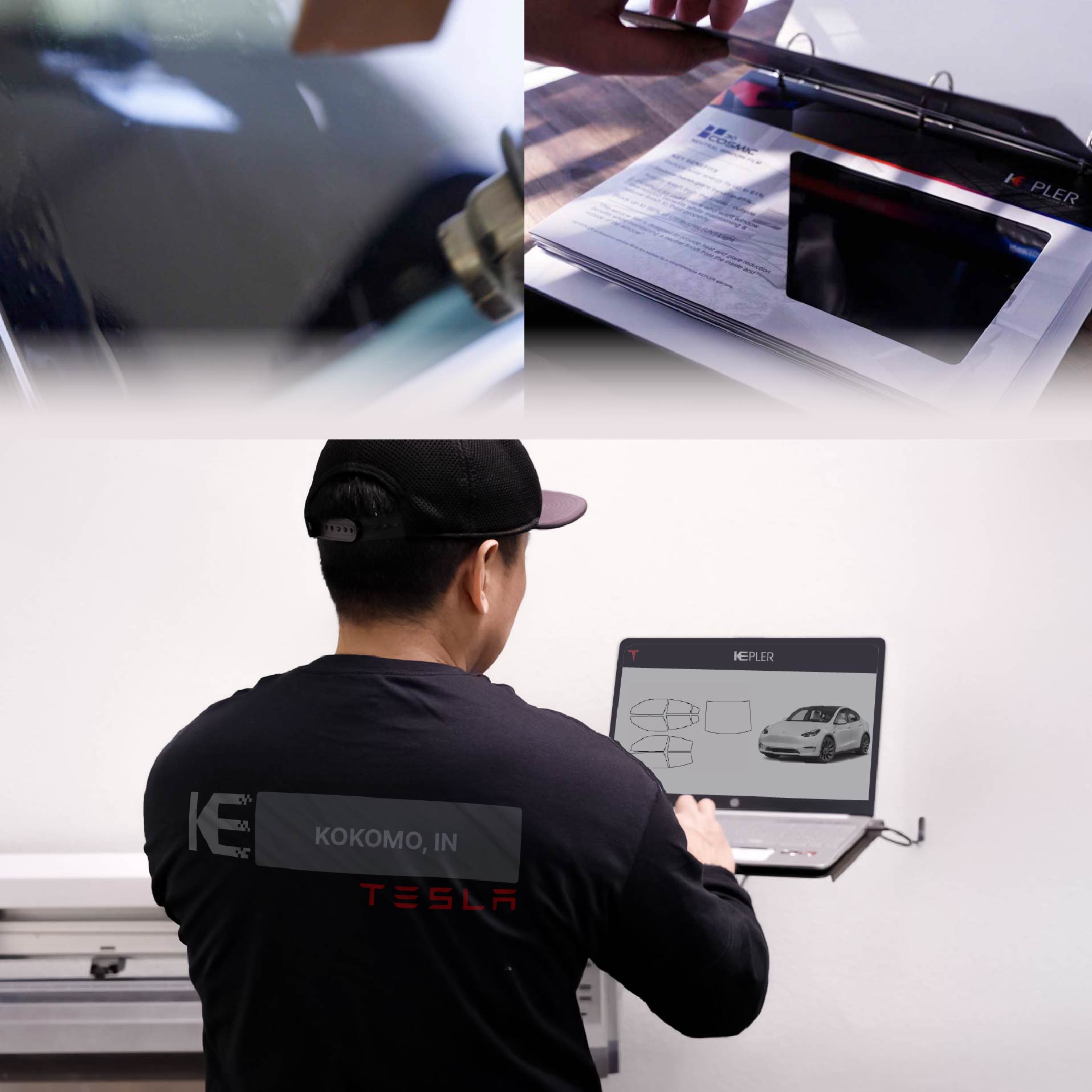 Kepler Technician Applying Ceramic Window Tint to Tesla in Kokomo