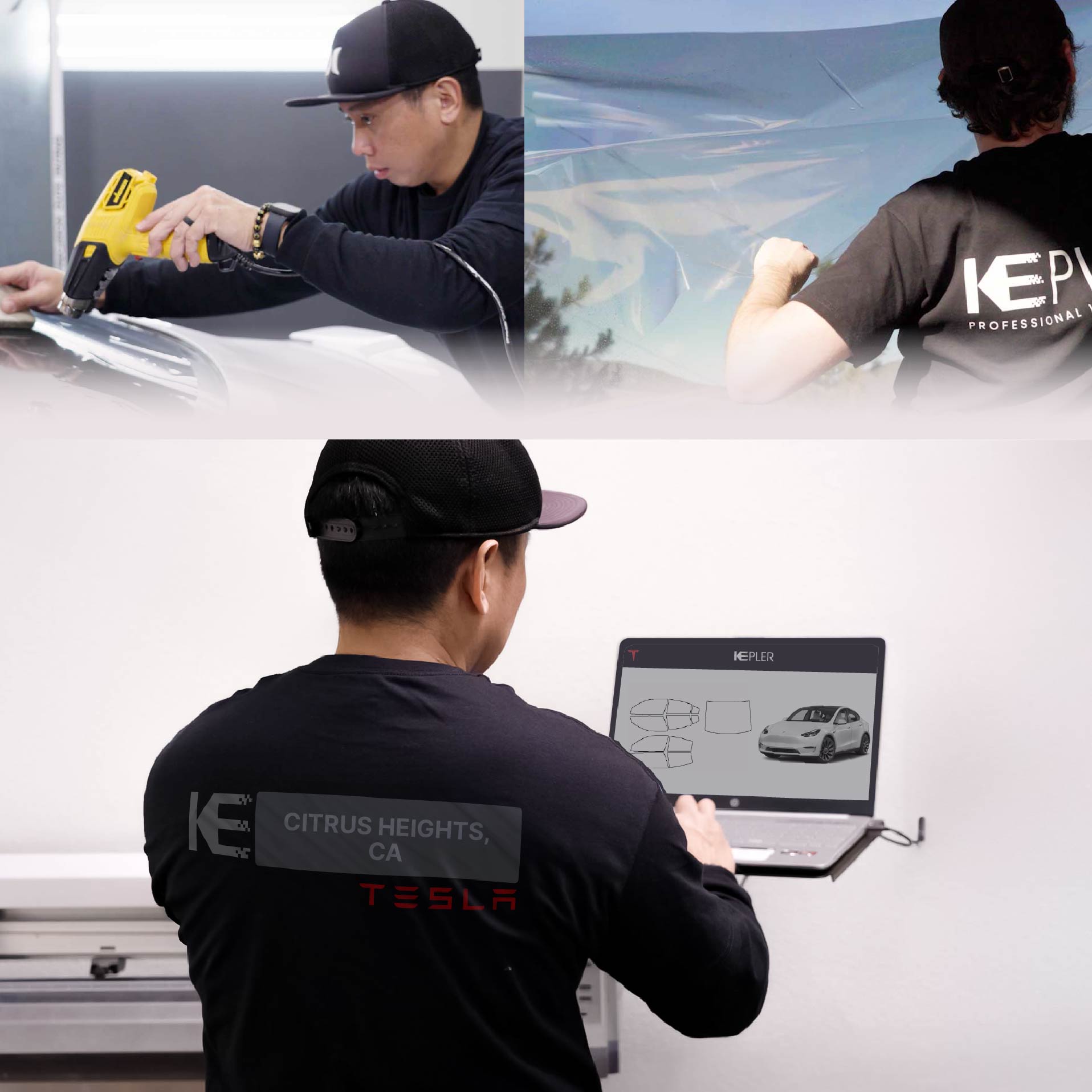 Kepler Technician Applying High-tech Window Tint to Tesla in Citrus Heights